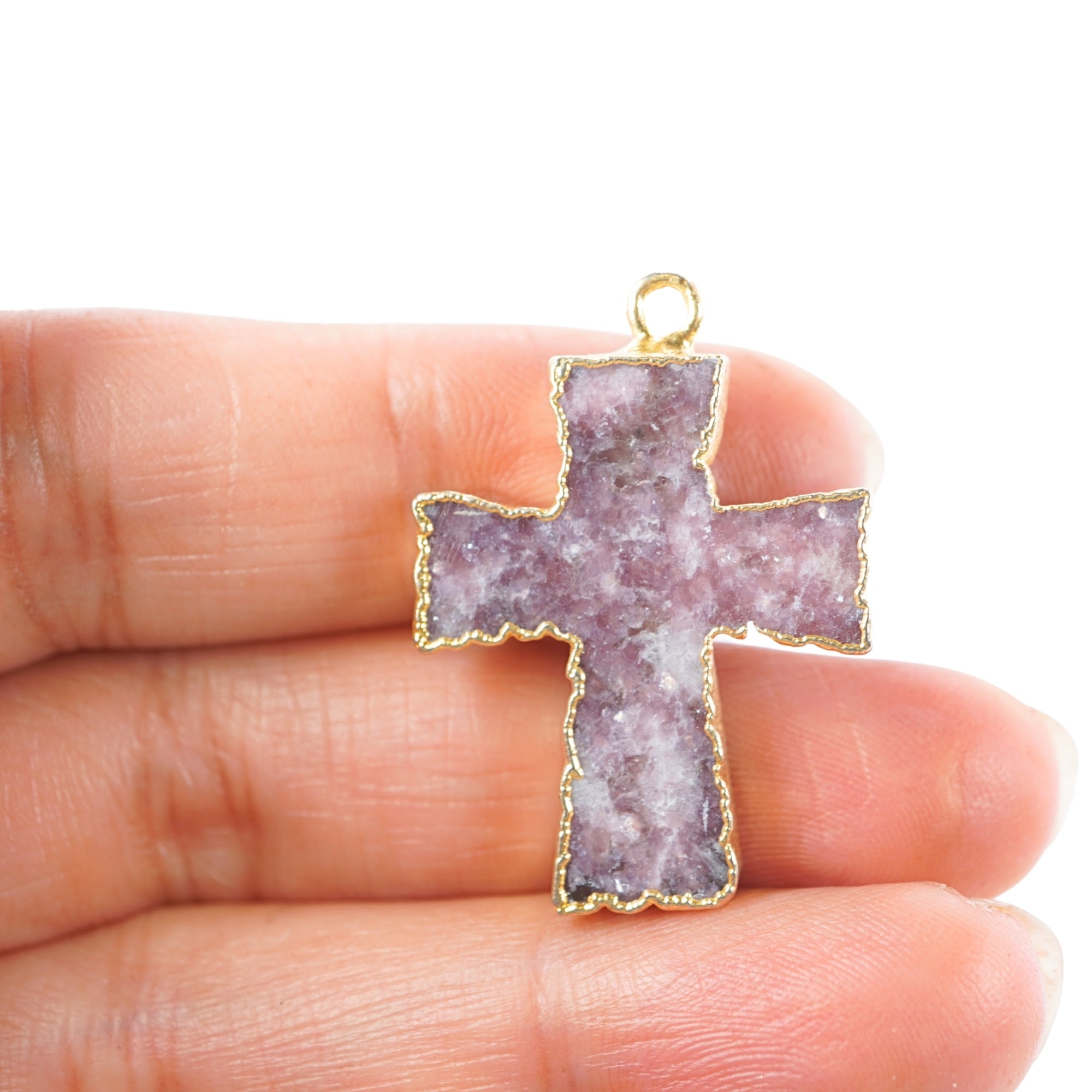Lepidolite Cross Shape Gemstone Gold Electroplate Charm Pendant