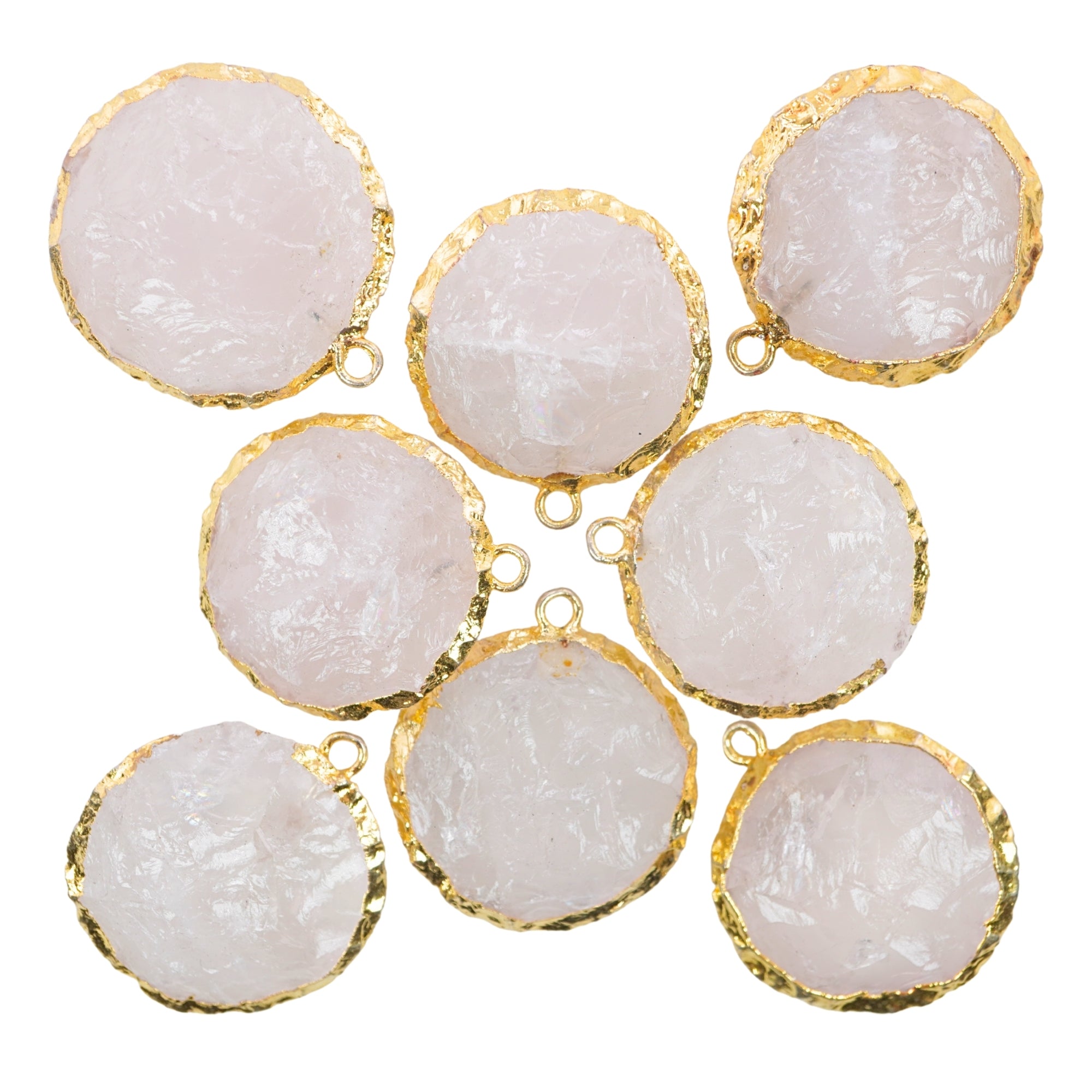 Rose Quartz Hand knapped Round Disc Gemstone Gold Electroplated Charm Pendant