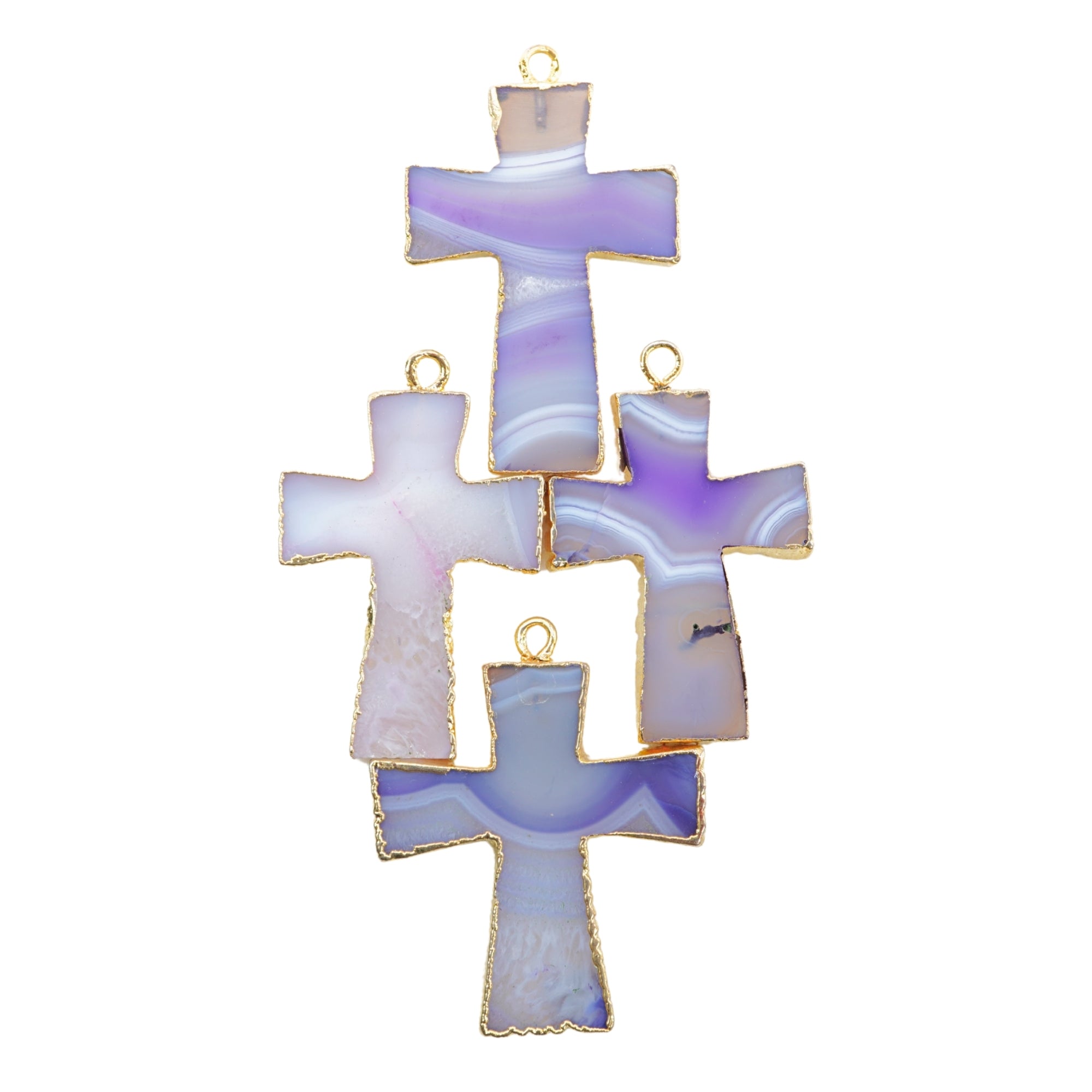 Persian Blue Banded Agate Chalcedony Cross Gemstone Gold Electroplate Charm Pendant 27.5 X 22.5 To 33.5 X 27 MM