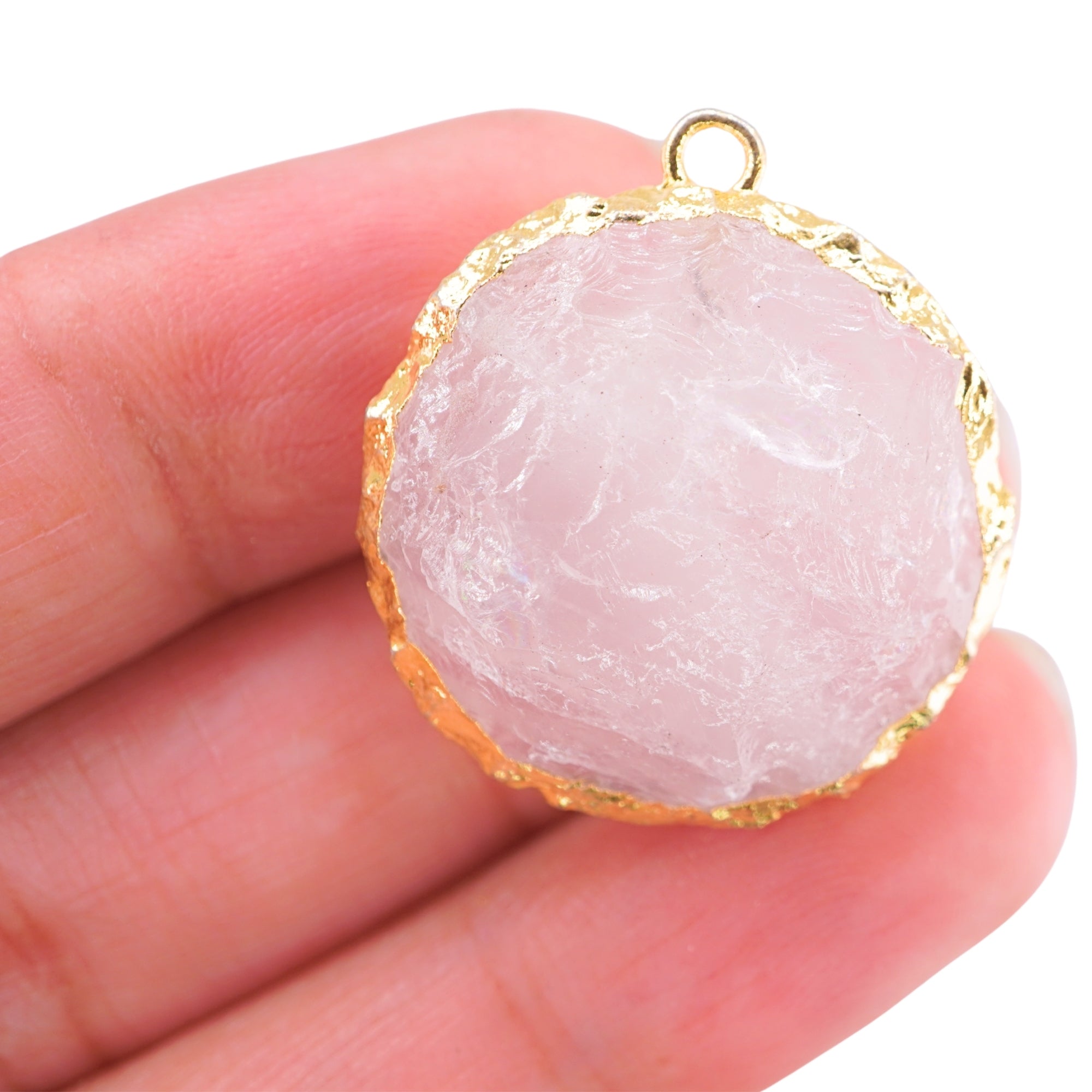 Rose Quartz Hand knapped Round Disc Gemstone Gold Electroplated Charm Pendant