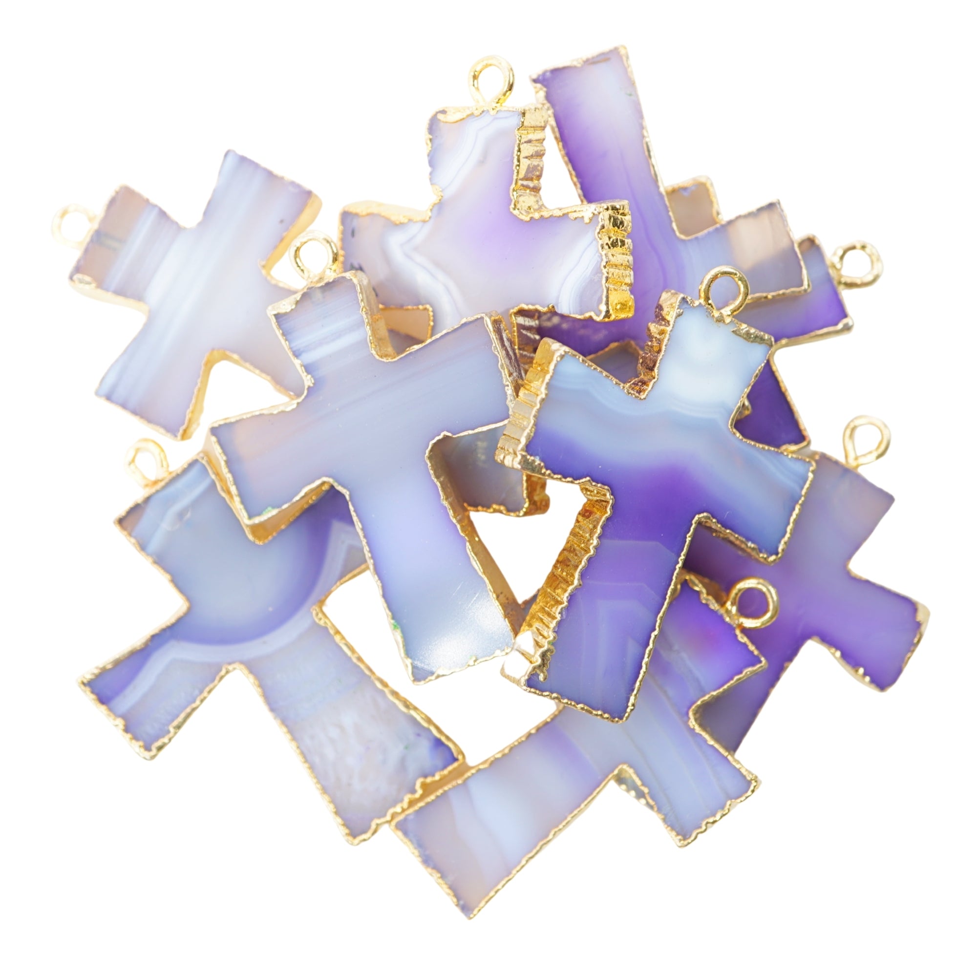Persian Blue Banded Agate Chalcedony Cross Gemstone Gold Electroplate Charm Pendant 27.5 X 22.5 To 33.5 X 27 MM