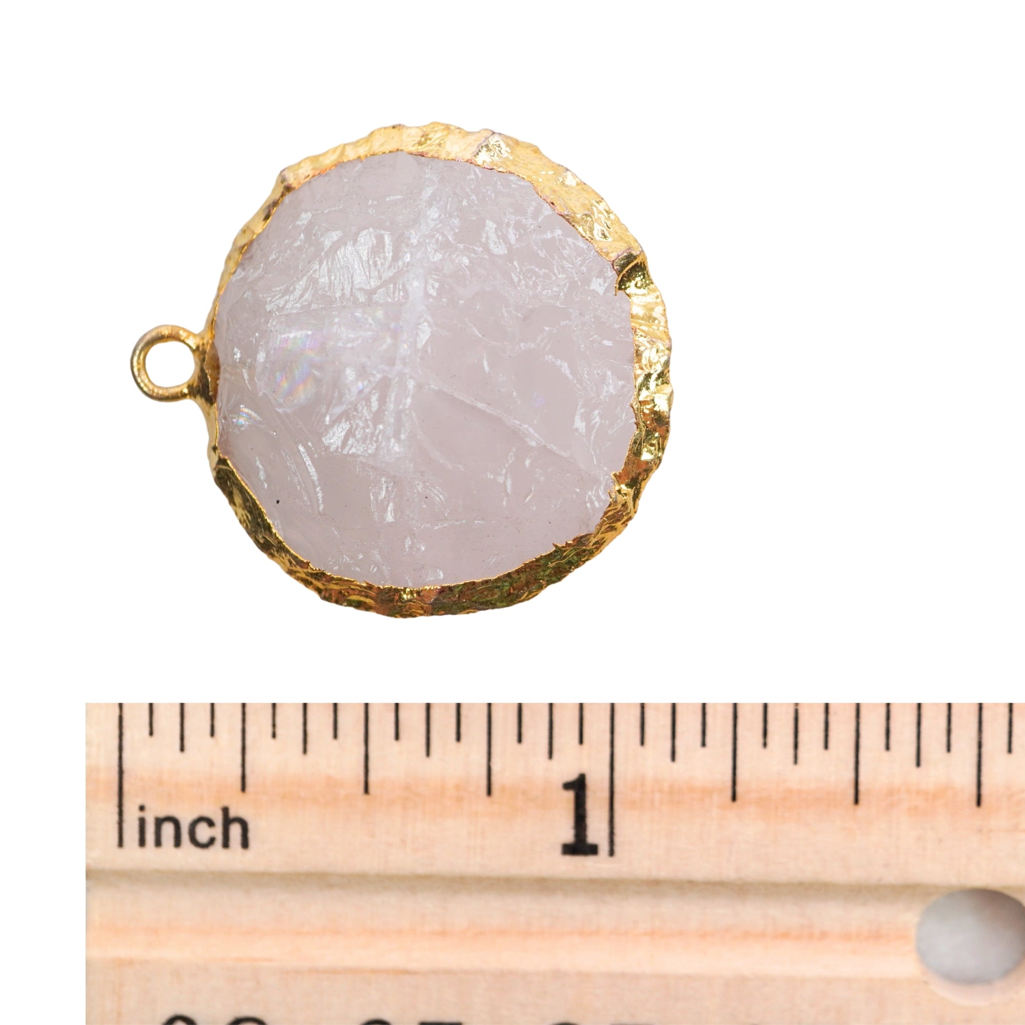Rose Quartz Hand knapped Round Disc Gemstone Gold Electroplated Charm Pendant