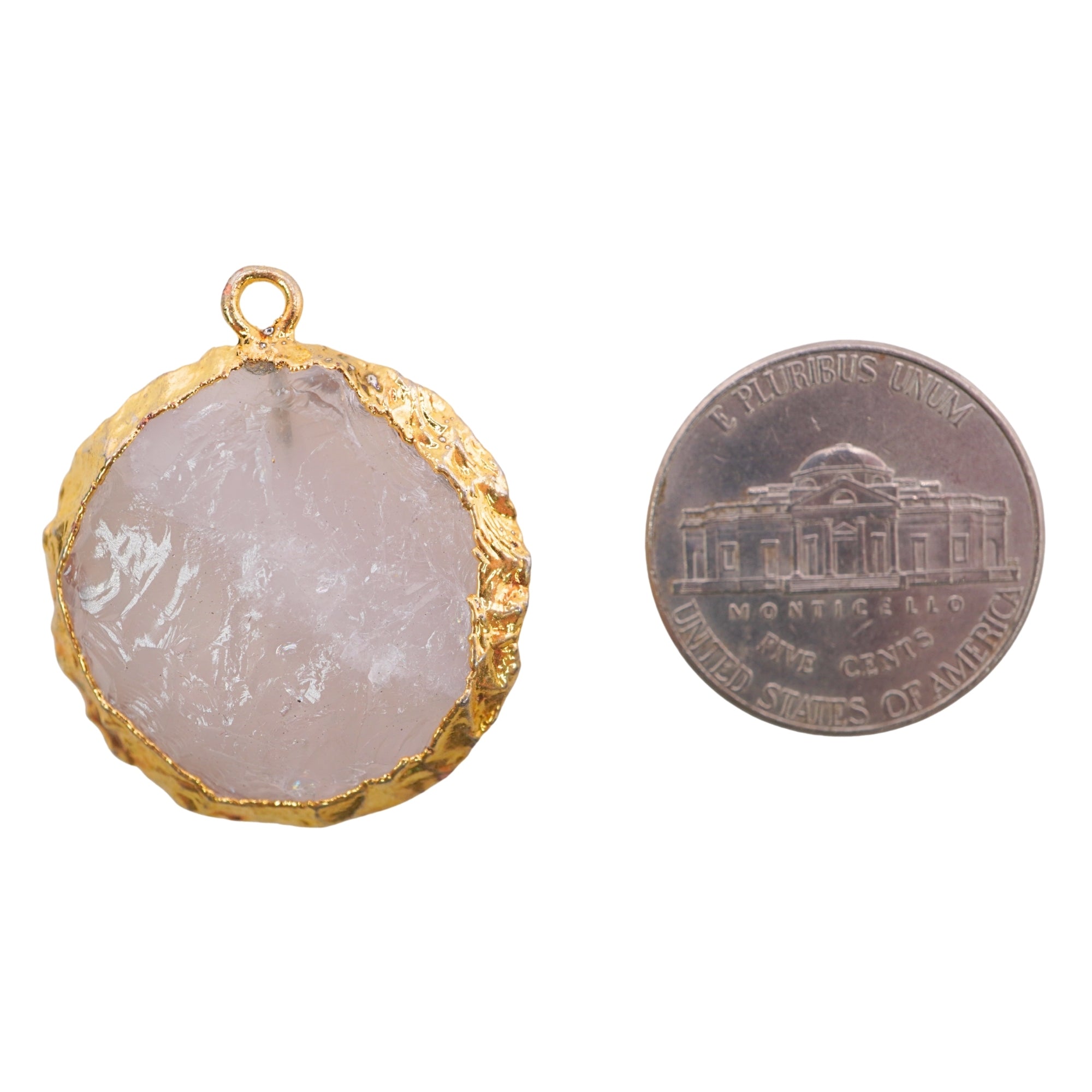 Rose Quartz Hand knapped Round Disc Gemstone Gold Electroplated Charm Pendant