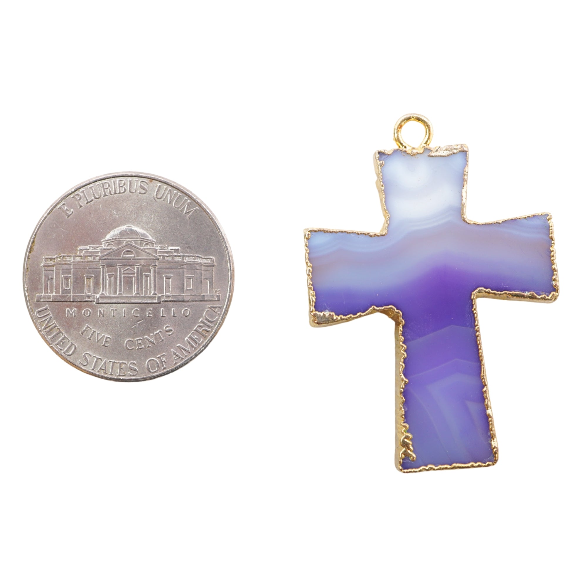 Persian Blue Banded Agate Chalcedony Cross Gemstone Gold Electroplate Charm Pendant