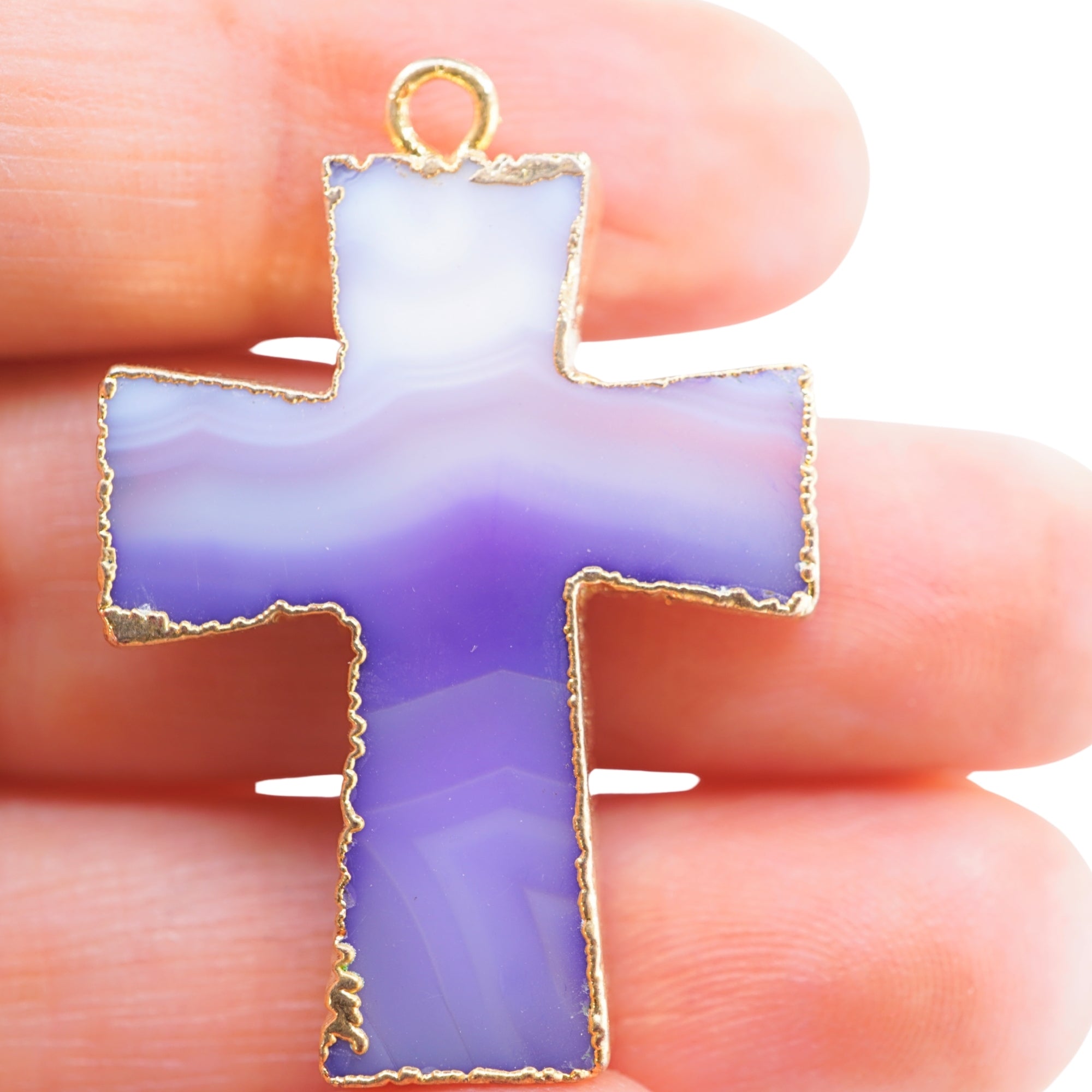 Persian Blue Banded Agate Chalcedony Cross Gemstone Gold Electroplate Charm Pendant