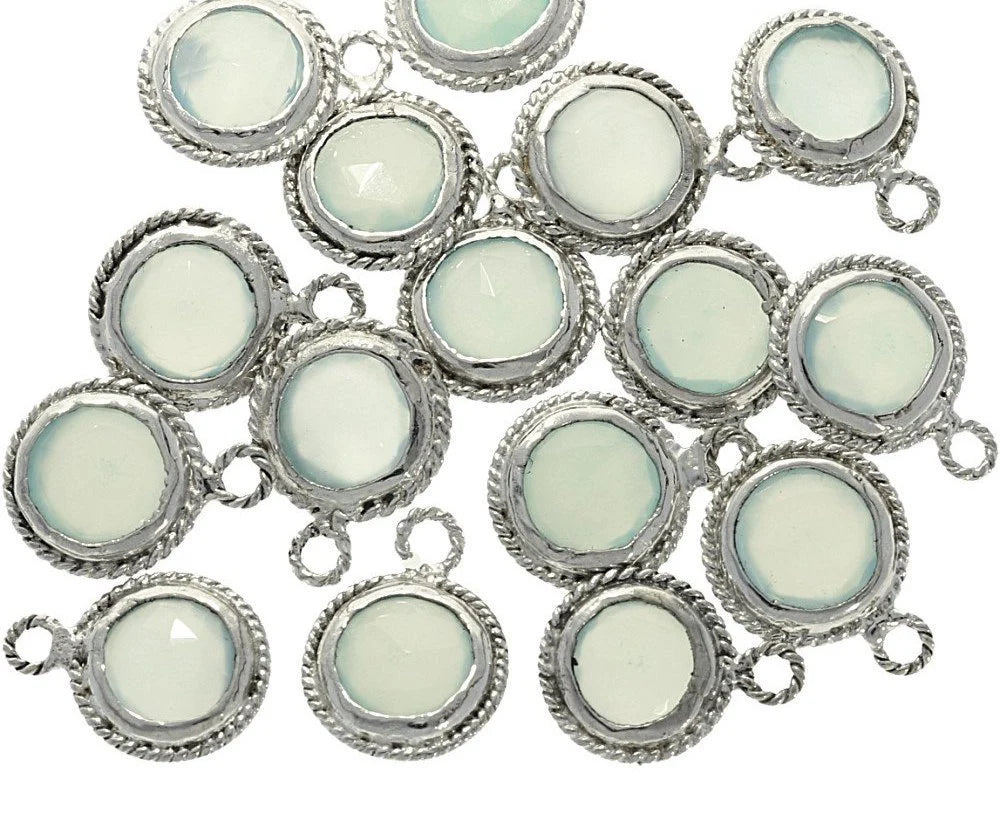 Aqua Chalcedony Coin Shape Sterling Silver Gemstone Bezel Charm Pendant
