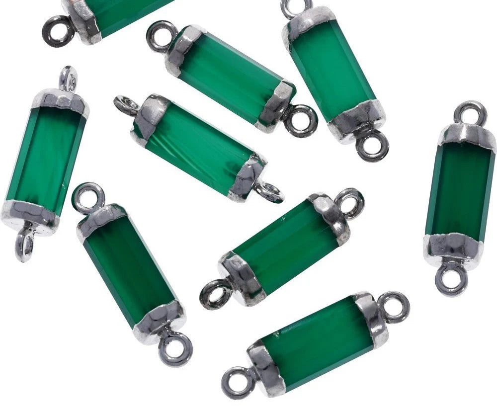 Green Onyx Cylinder Shape Gemstone Silver Electroplated Charm Connector