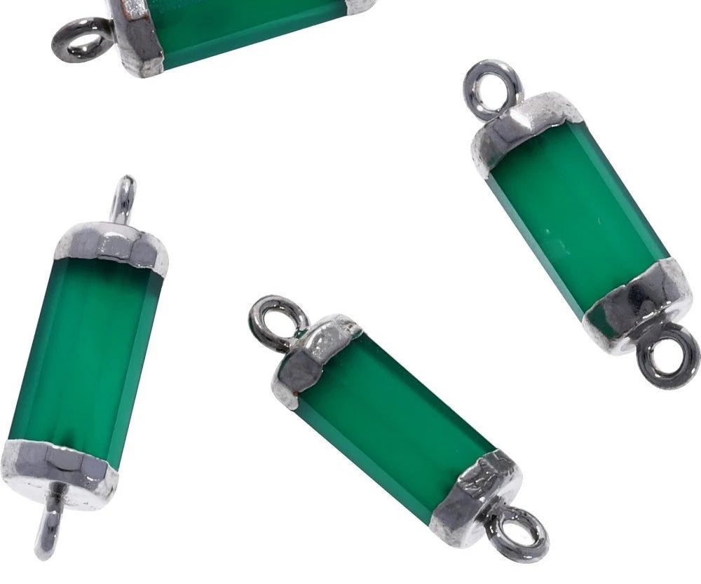 Green Onyx Cylinder Shape Gemstone Silver Electroplated Charm Connector