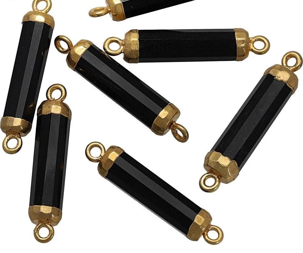 Black Onyx Barrel Shape Gemstone Gold Electroplated Charm Connector