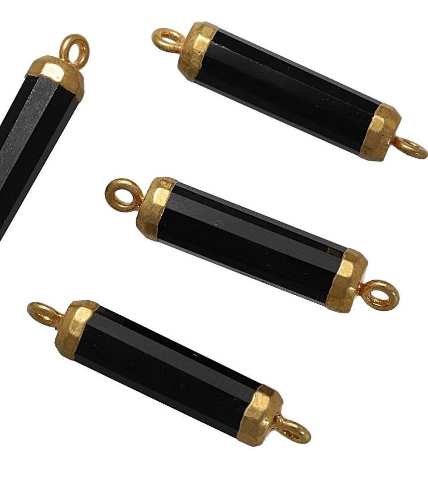 Black Onyx Barrel Shape Gemstone Gold Electroplated Charm Connector