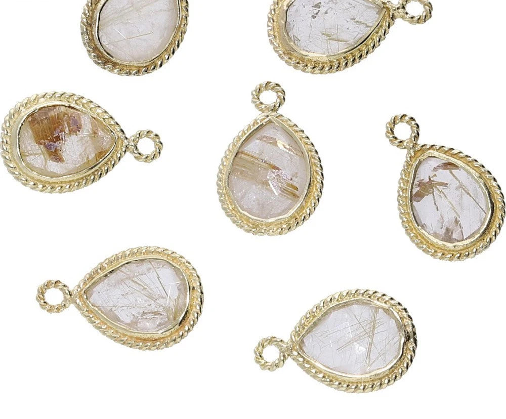 Rutilated Quartz Pear Shape Gemstone Twisted Wire Gold Plated Finding Bezel Charm Pendant