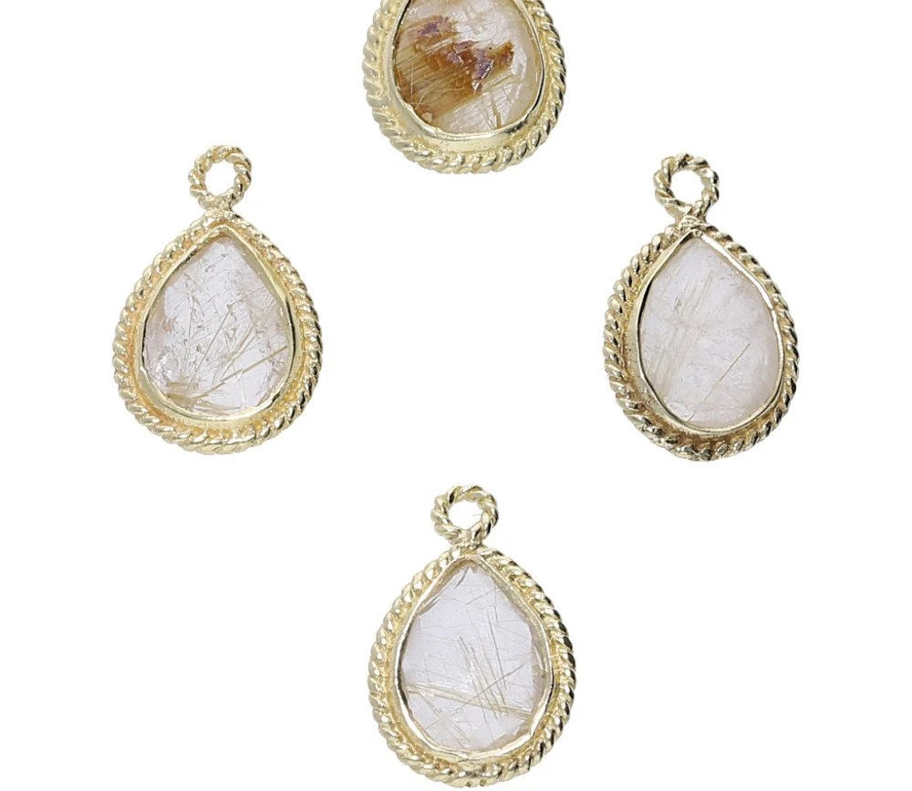 Rutilated Quartz Pear Shape Gemstone Twisted Wire Gold Plated Finding Bezel Charm Pendant