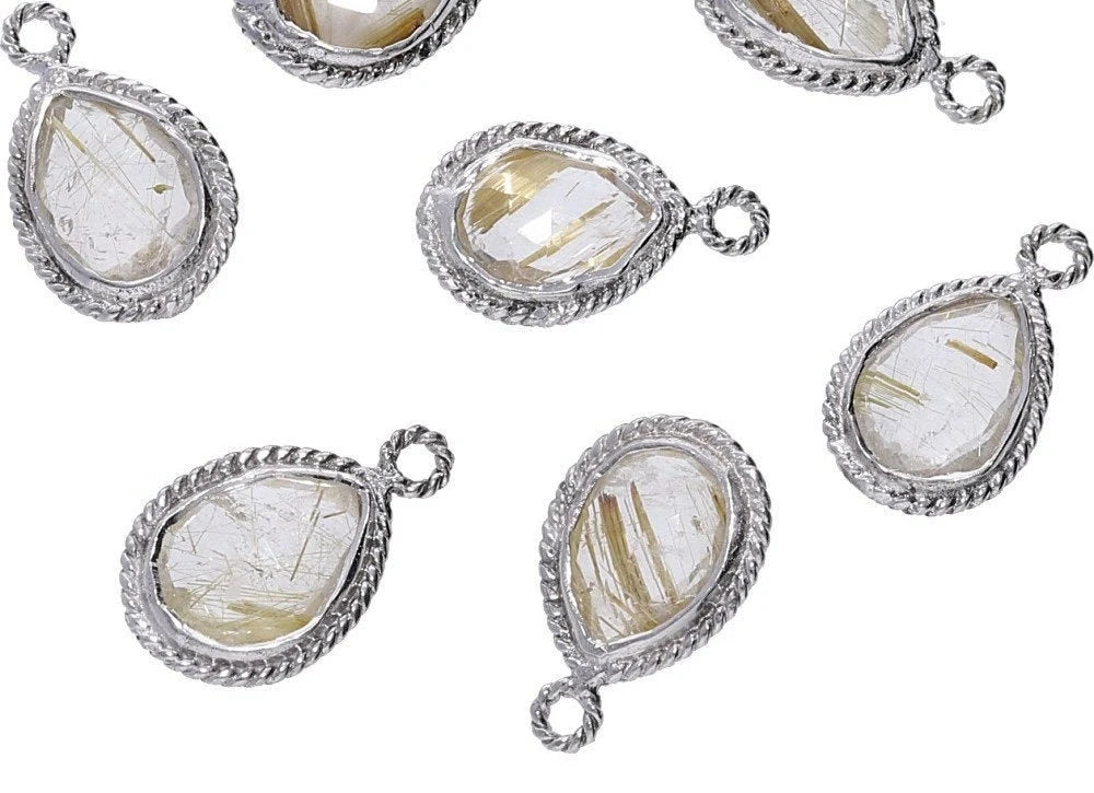 Rutilated Quartz Pear Shape Gemstone Twisted Wire Silver Plated Finding Bezel Charm Pendant