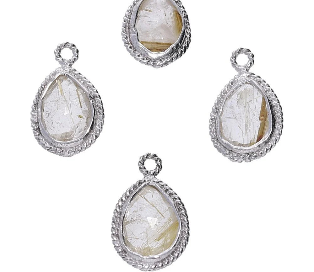 Rutilated Quartz Pear Shape Gemstone Twisted Wire Silver Plated Finding Bezel Charm Pendant