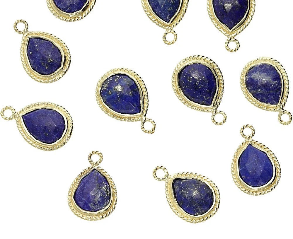 Lapis Lazuli Pear Shape Gemstone Twisted Wire Gold Plated Finding Bezel Charm Pendant