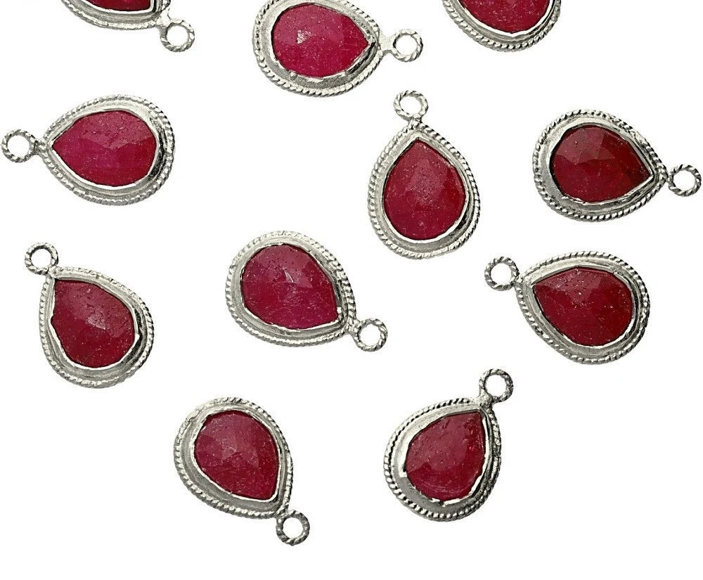 Dyed Ruby Pear Shape Gemstone Twisted Wire Silver Plated Finding Bezel Charm Pendant