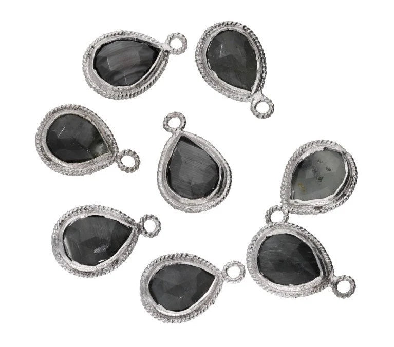 Cat's Eye Pear Shape Gemstone Twisted Wire Silver Plated Finding Bezel Charm Pendant