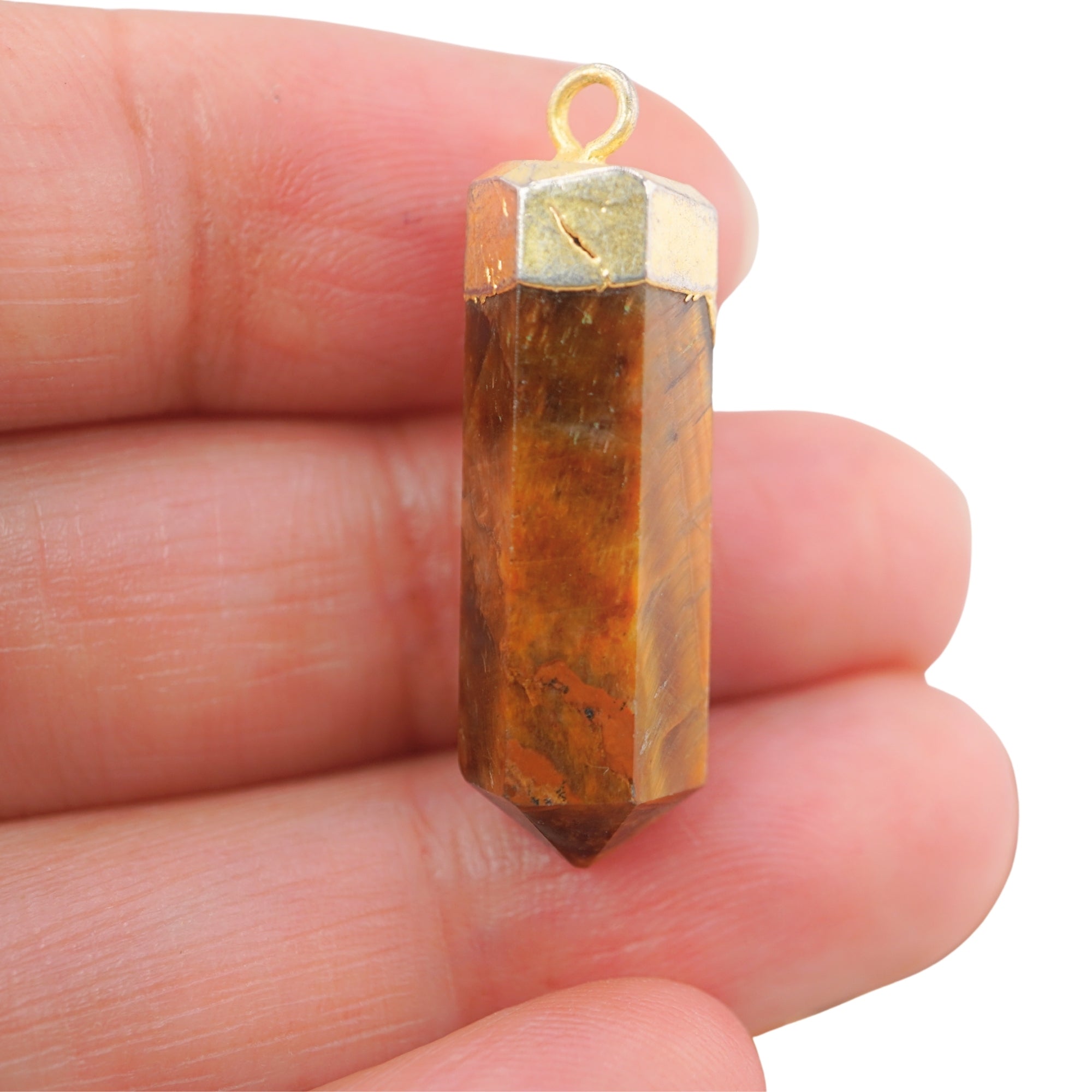 Tiger Eye Faceted Bullet Gemstone Gold Electroplated Charm Pendant