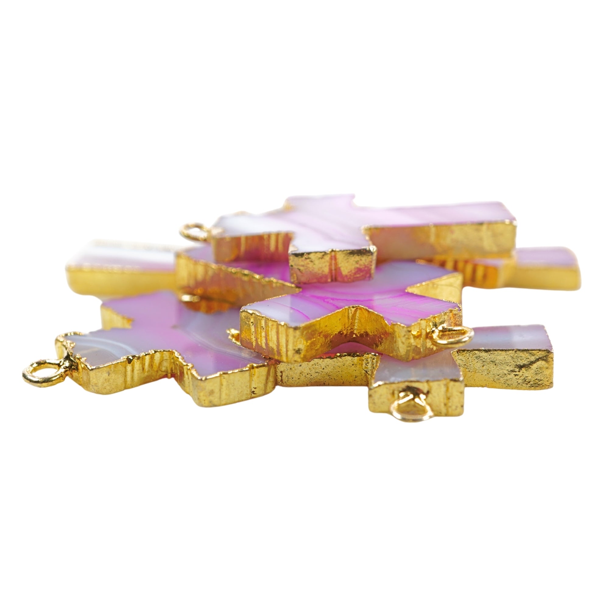 Pink Banded Agate Chalcedony Cross Shape Gold Electroplate Charm Pendant