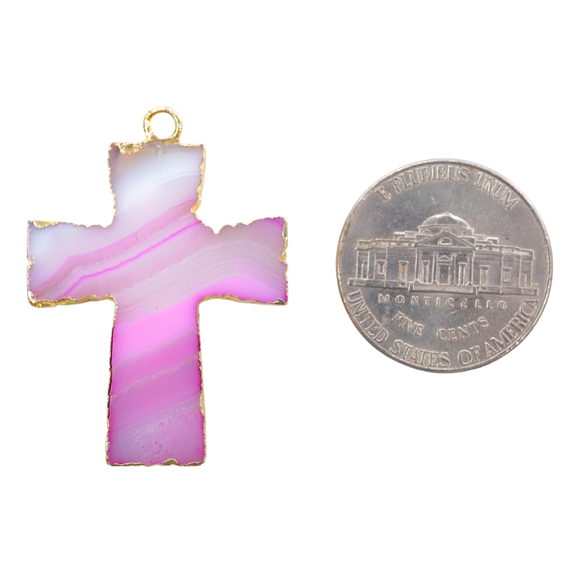 Pink Banded Agate Chalcedony Cross Shape Gold Electroplate Charm Pendant