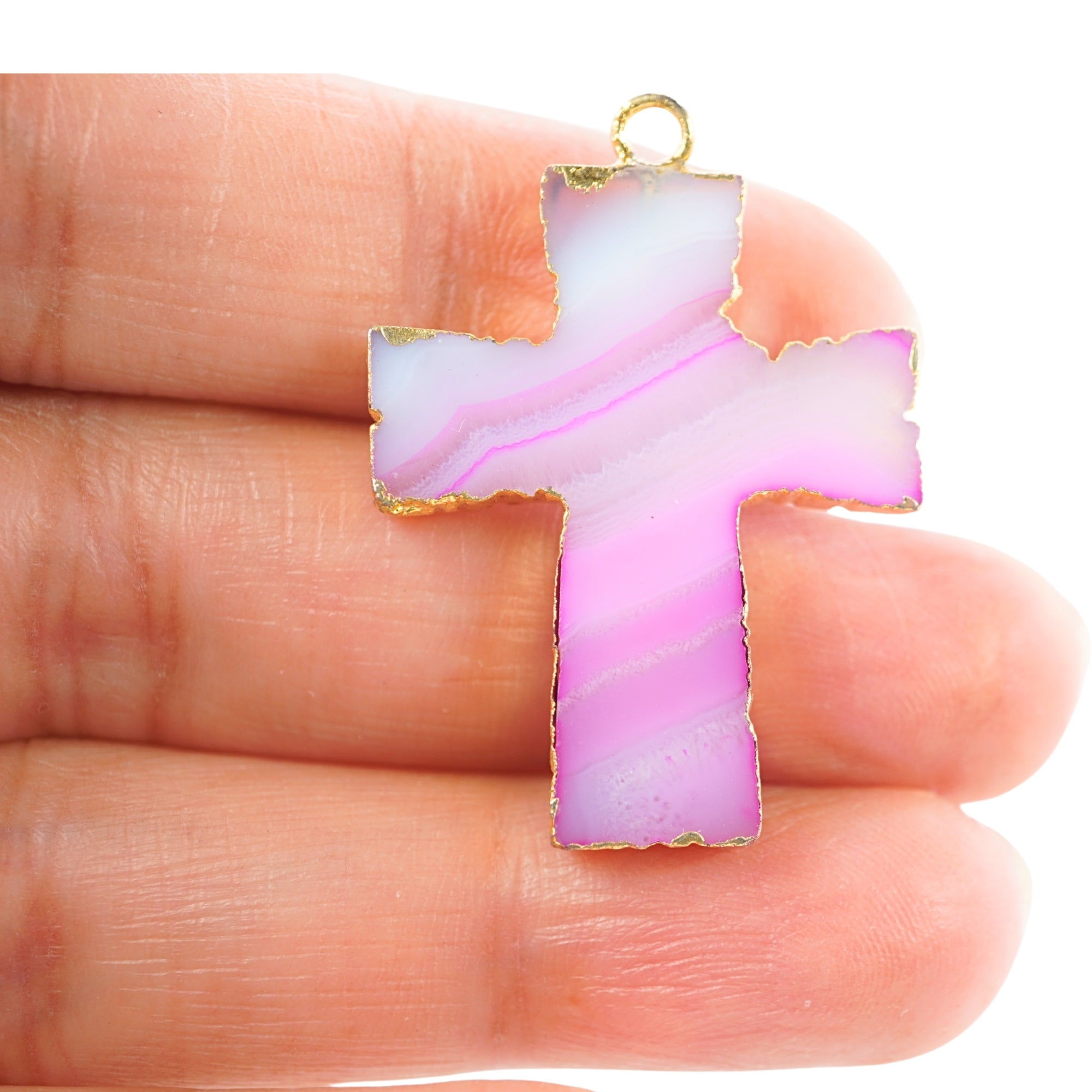 Pink Banded Agate Chalcedony Cross Shape Gold Electroplate Charm Pendant