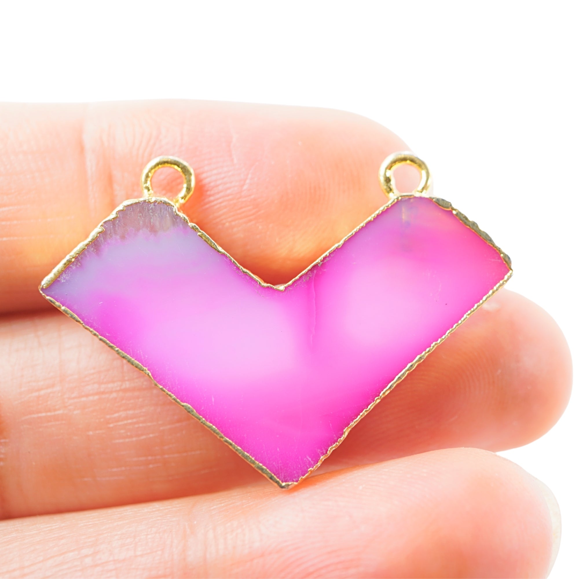 Pink Banded Agate Chevron Shape Gemstone Gold Electroplated Charm Pendant