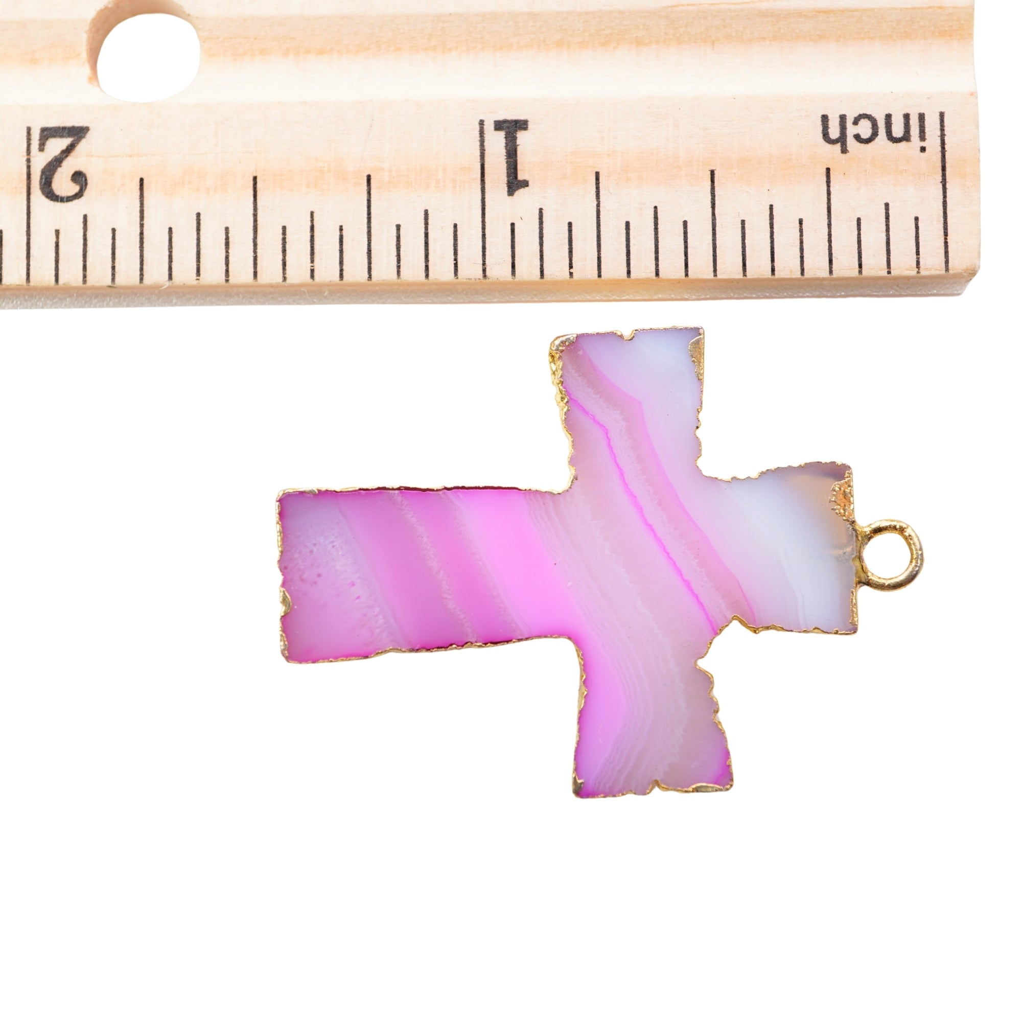 Pink Banded Agate Chalcedony Cross Shape Gold Electroplate Charm Pendant