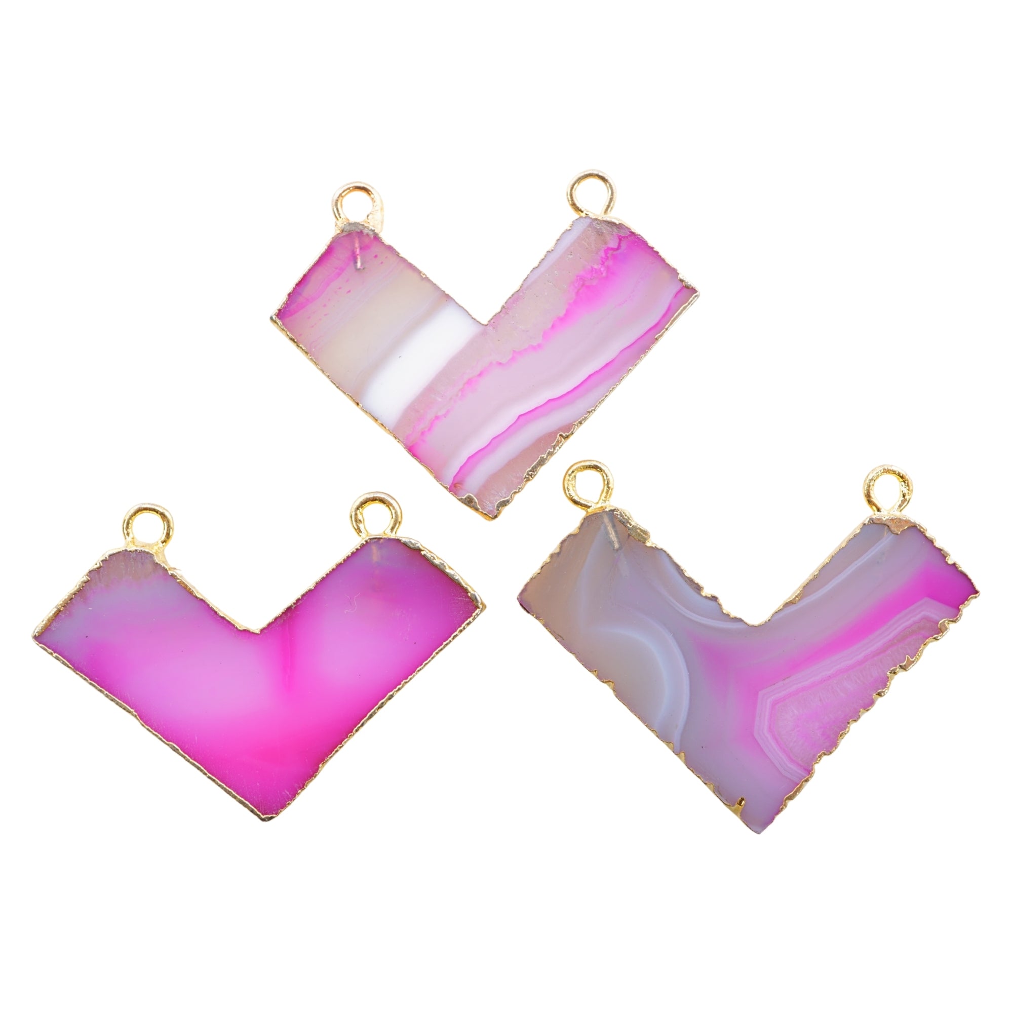 Pink Banded Agate Chevron Shape Gemstone Gold Electroplated Charm Pendant