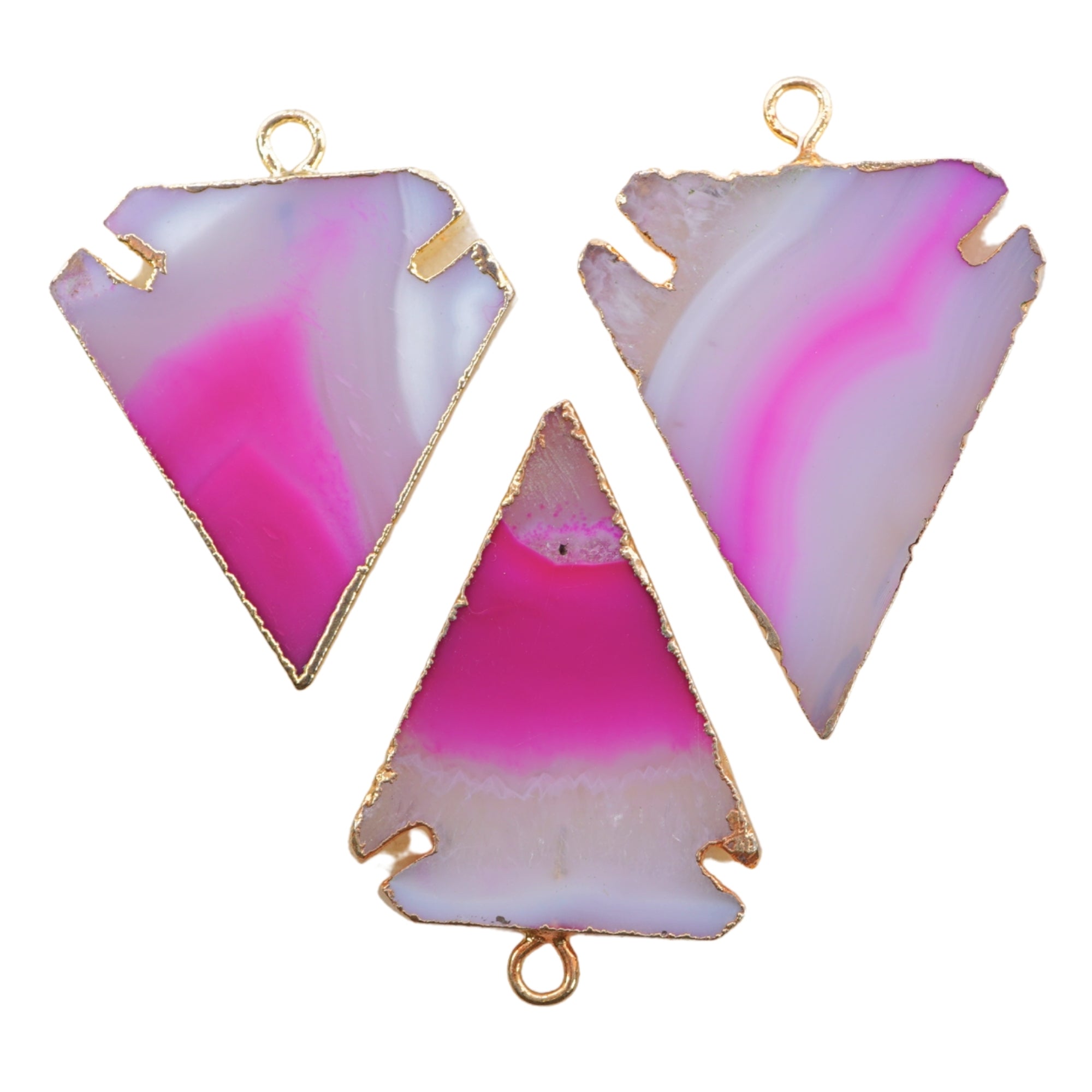 Pink Banded Agate Chalcedony Arrowhead Gemstone Gold Electroplated Charm Pendant