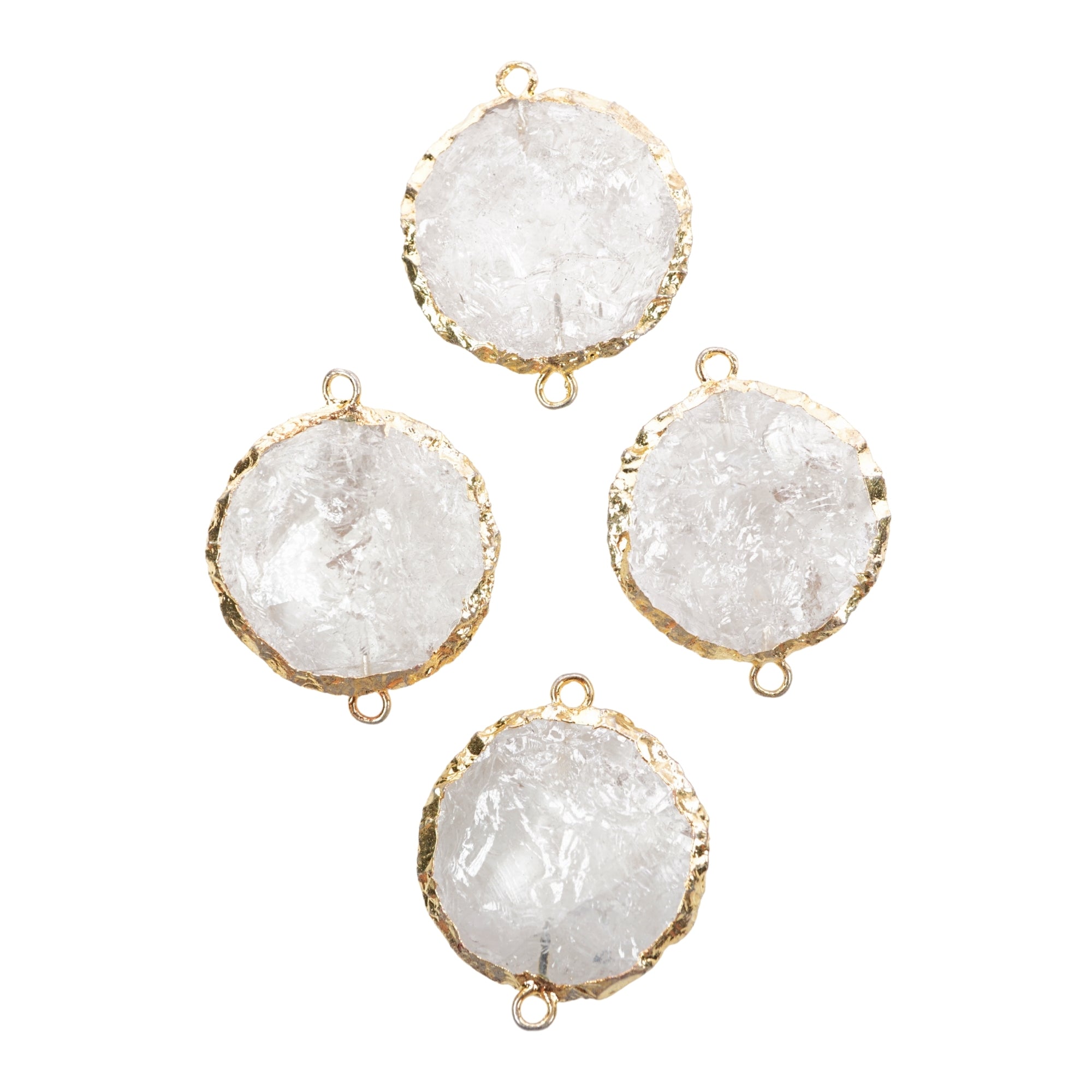 Crystal Quartz Hand knapped Round Big Disc Gemstone Gold Electroplated Charm Connector