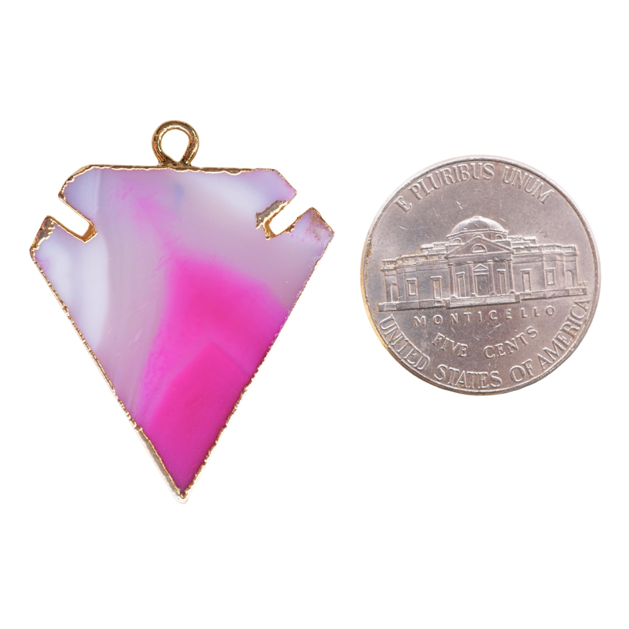 Pink Banded Agate Chalcedony Arrowhead Gemstone Gold Electroplated Charm Pendant