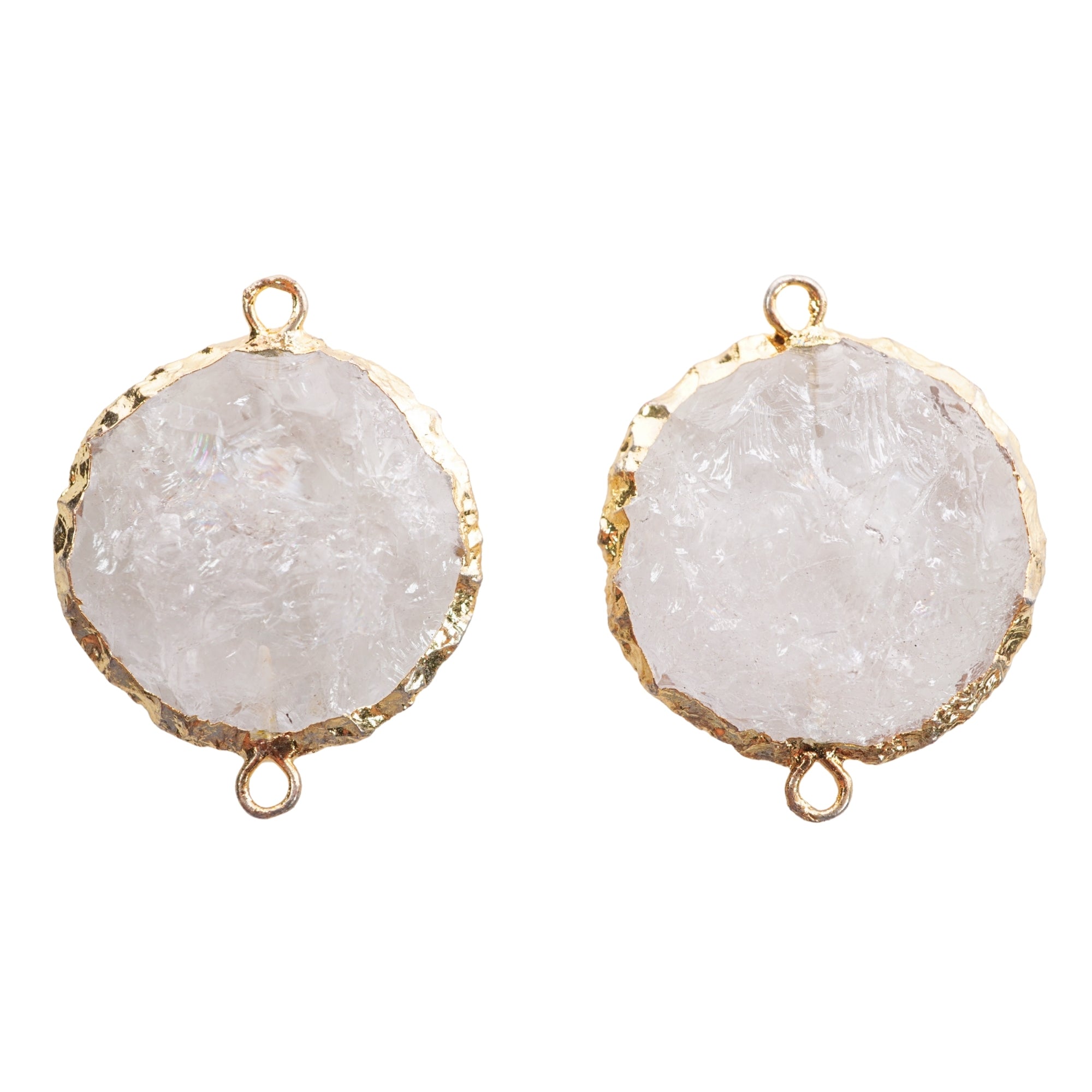 Crystal Quartz Hand knapped Round Big Disc Gemstone Gold Electroplated Charm Connector