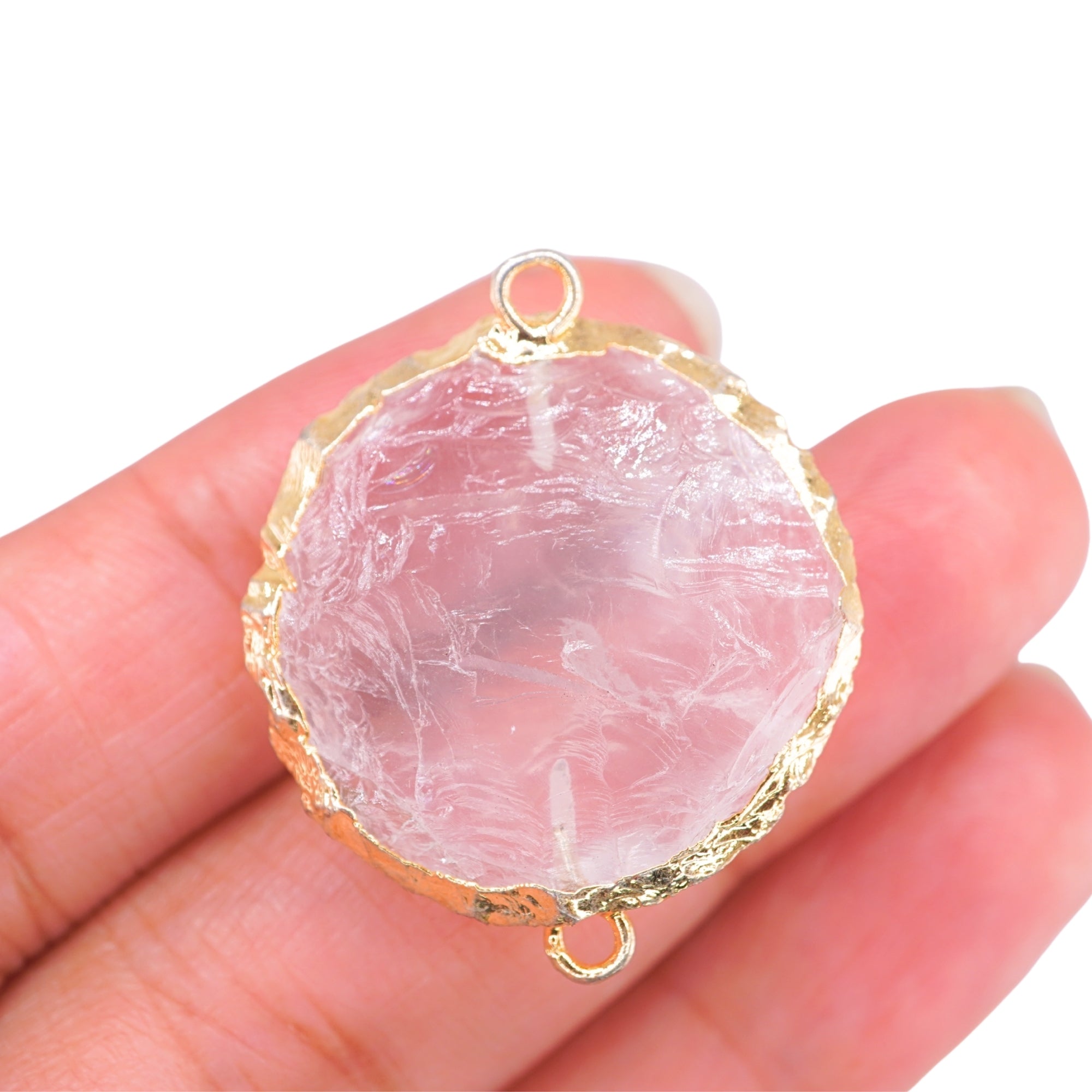 Rose Quartz Round Shape Gemstone Gold Electroplated Charm Connector