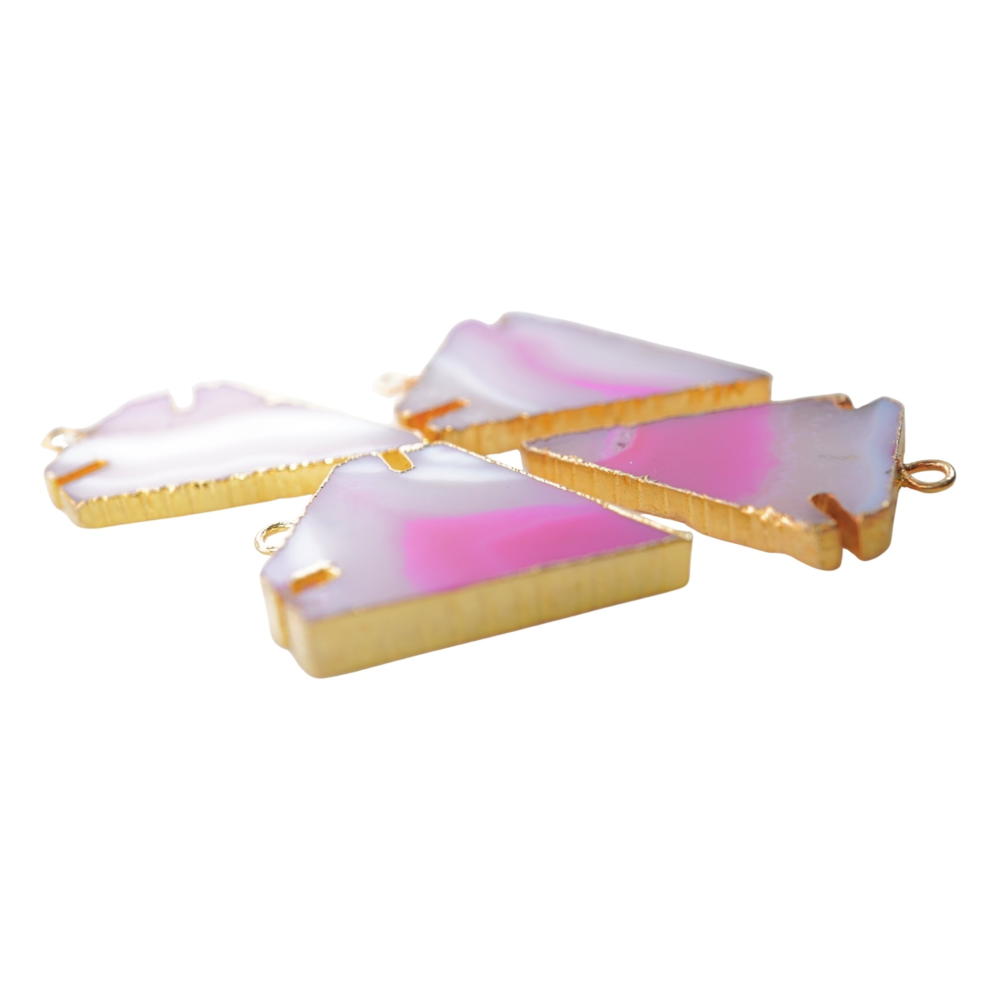 Pink Banded Agate Chalcedony Arrowhead Gemstone Gold Electroplated Charm Pendant