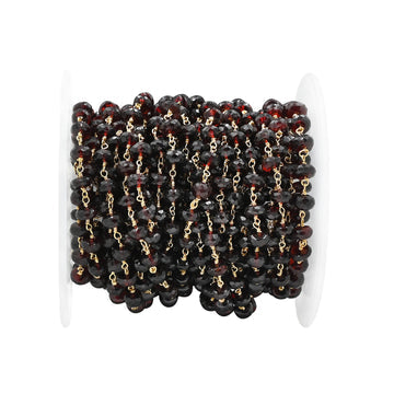 Garnet Faceted Rondelle Brass Gold Plated Wire Wrapped Chain Sold by Foot