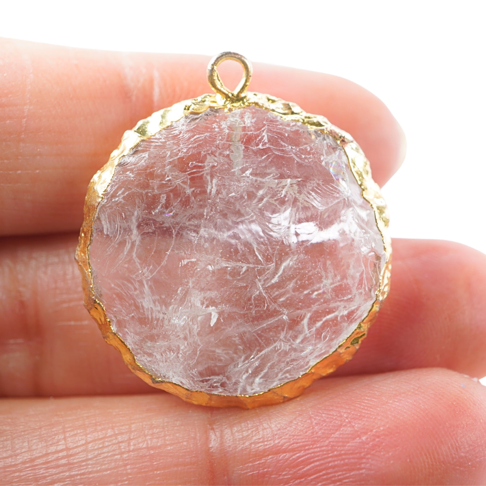 Crystal Quartz Hand knapped Round Big Disc Shape Gemstone Gold Electroplated Charm Pendant