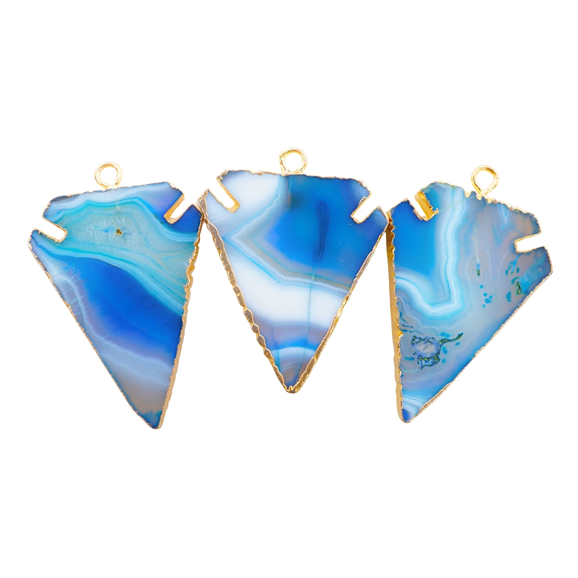 Persian Blue Banded Agate Arrowhead Shape Gemstone Gold Electroplated Charm Pendant