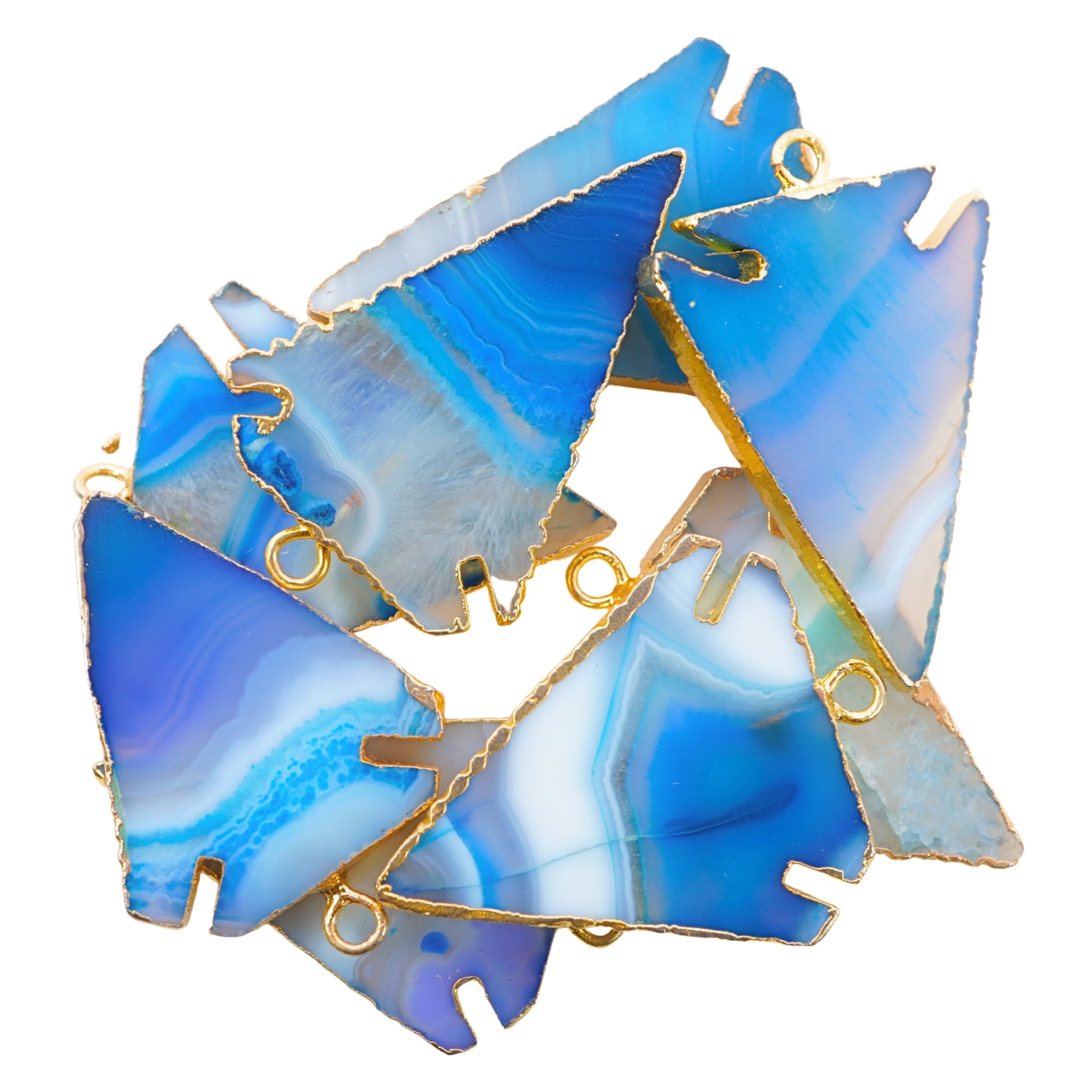 Persian Blue Banded Agate Arrowhead Shape Gemstone Gold Electroplated Charm Pendant