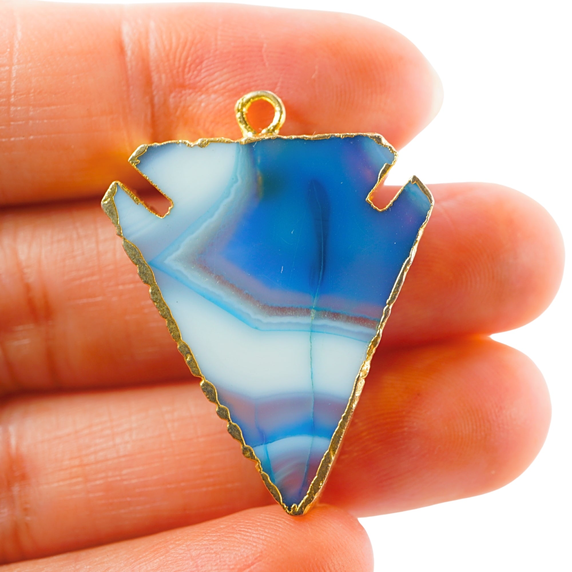 Persian Blue Banded Agate Arrowhead Shape Gemstone Gold Electroplated Charm Pendant