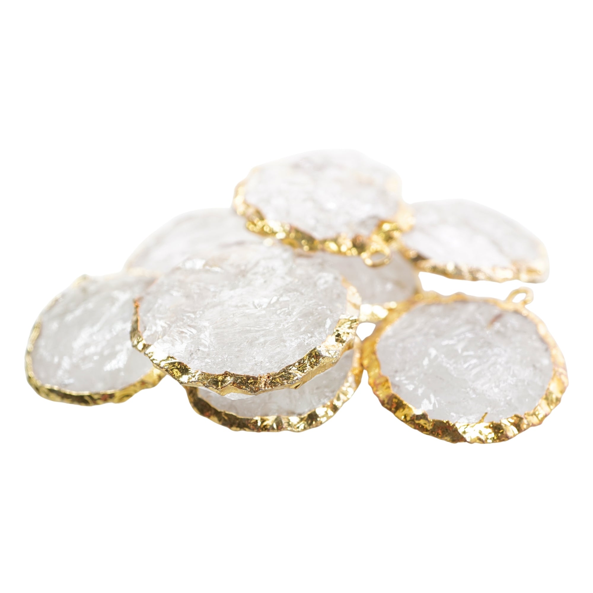 Crystal Quartz Hand knapped Round Big Disc Shape Gemstone Gold Electroplated Charm Pendant