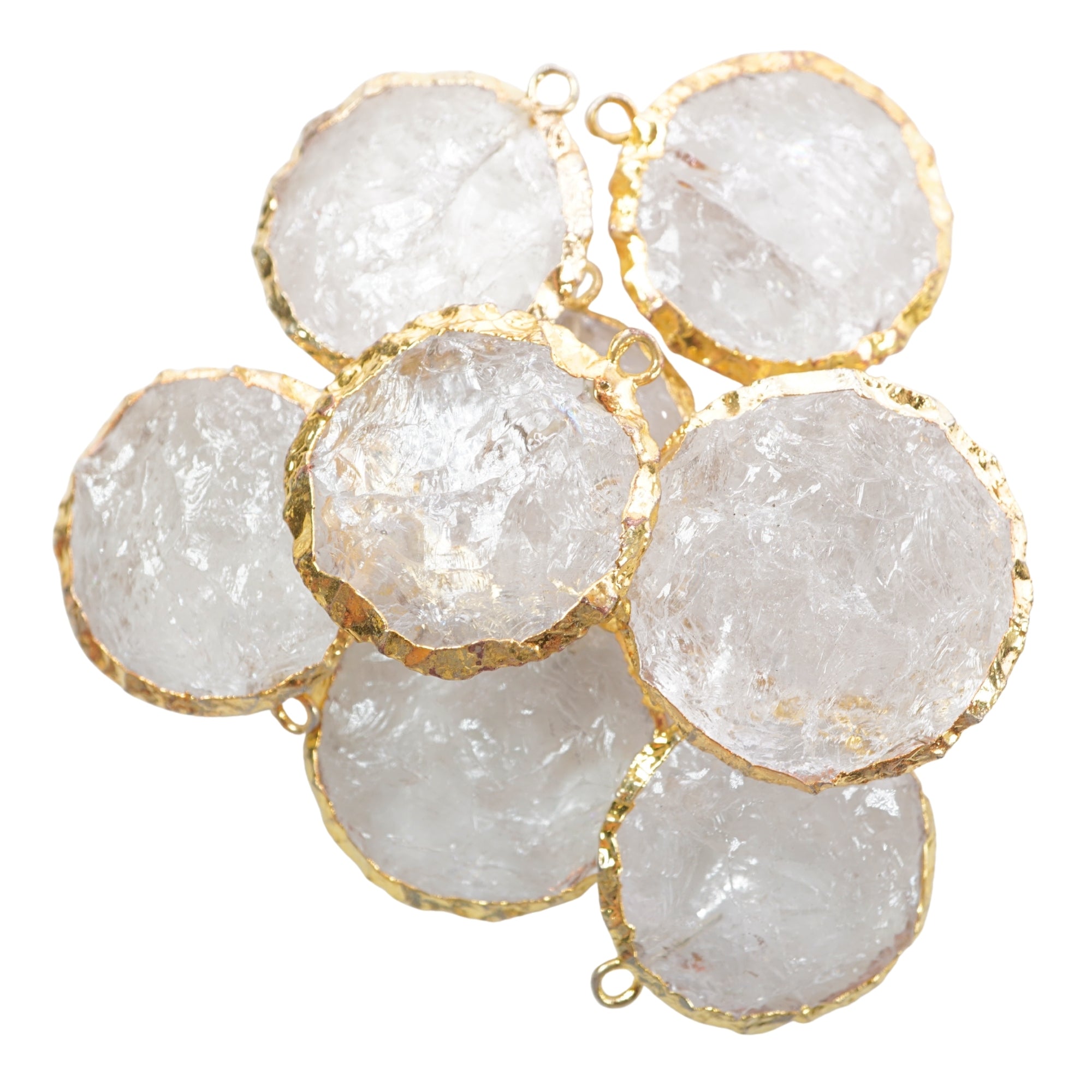 Crystal Quartz Hand knapped Round Big Disc Shape Gemstone Gold Electroplated Charm Pendant