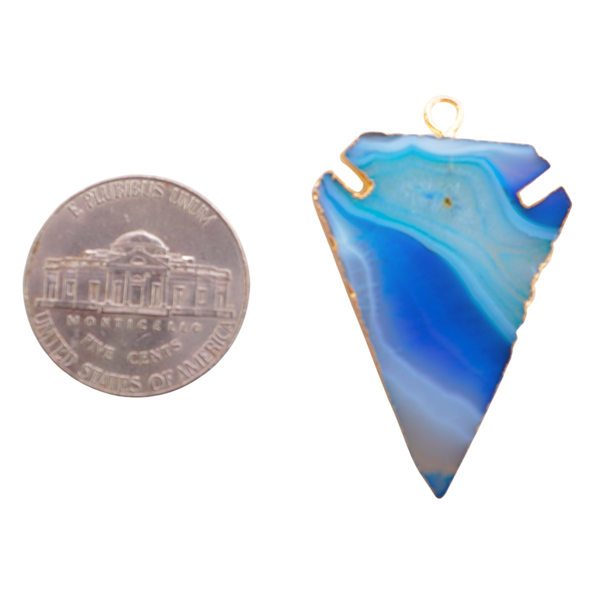 Persian Blue Banded Agate Arrowhead Shape Gemstone Gold Electroplated Charm Pendant