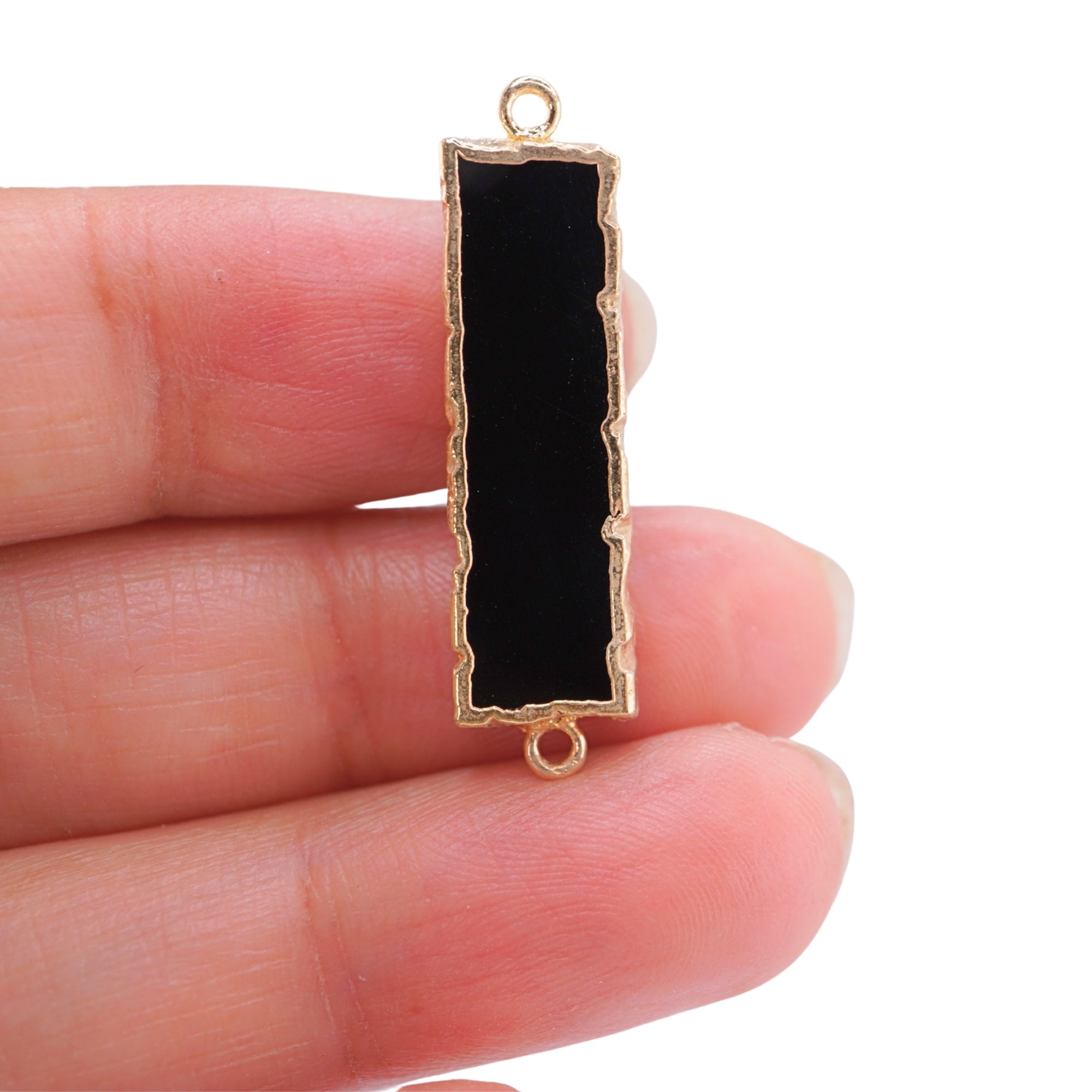 Black Onyx Smooth Rectangle Shape Gemstone Gold Electroplated Charm Connector