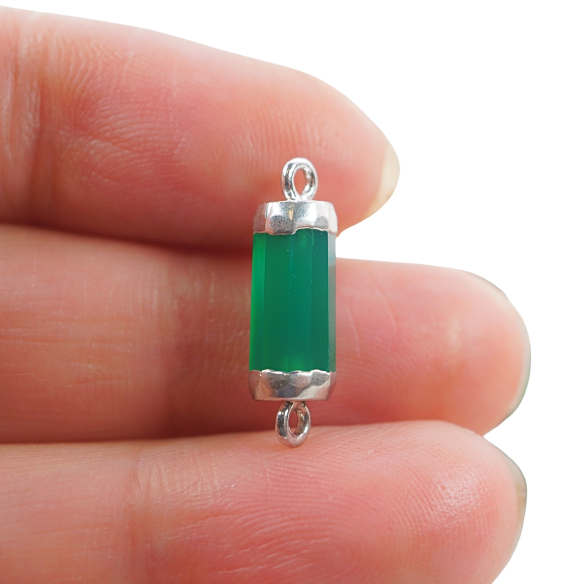 Green Onyx Cylinder Shape Gemstone Silver Electroplated Charm Connector