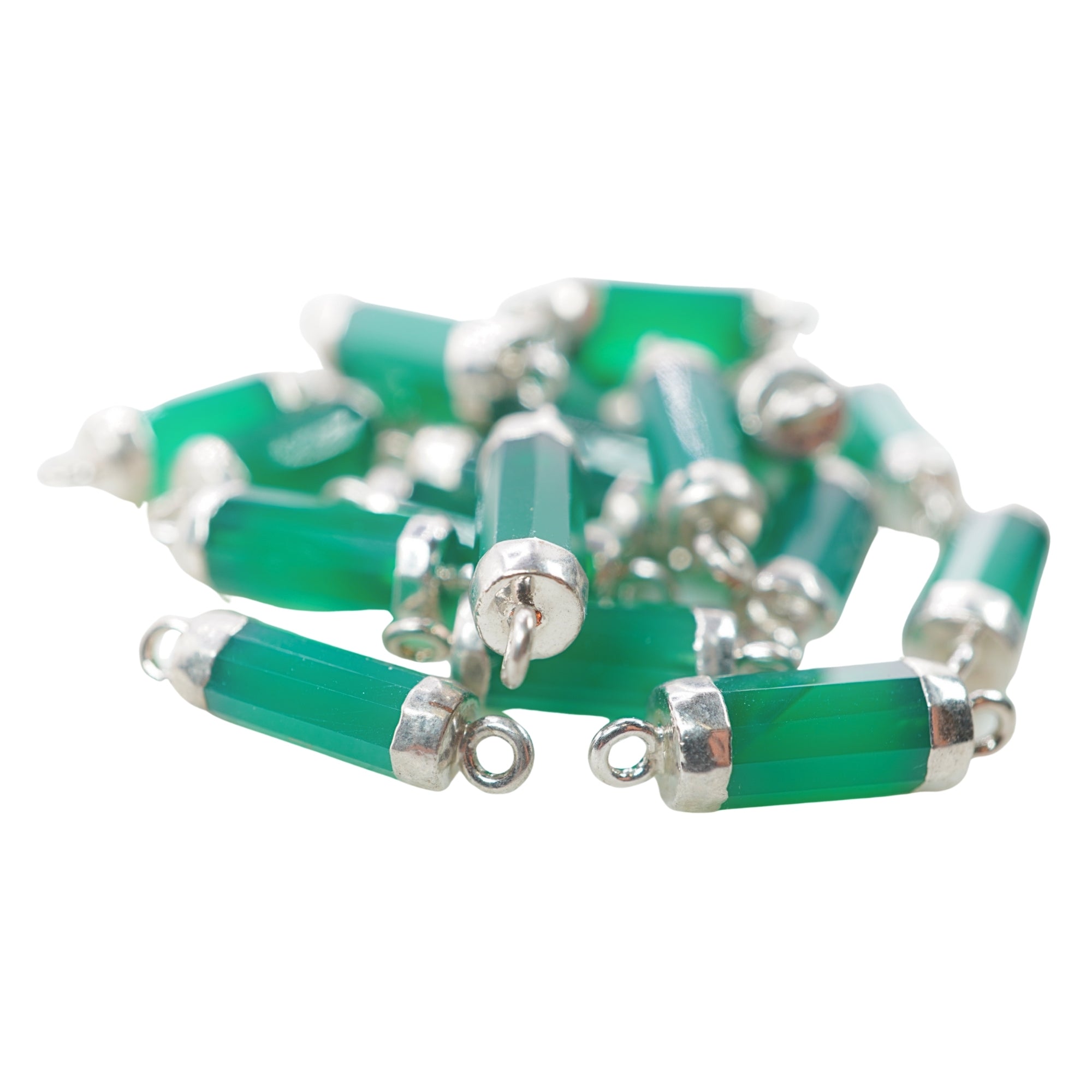 Green Onyx Cylinder Shape Gemstone Silver Electroplated Charm Connector