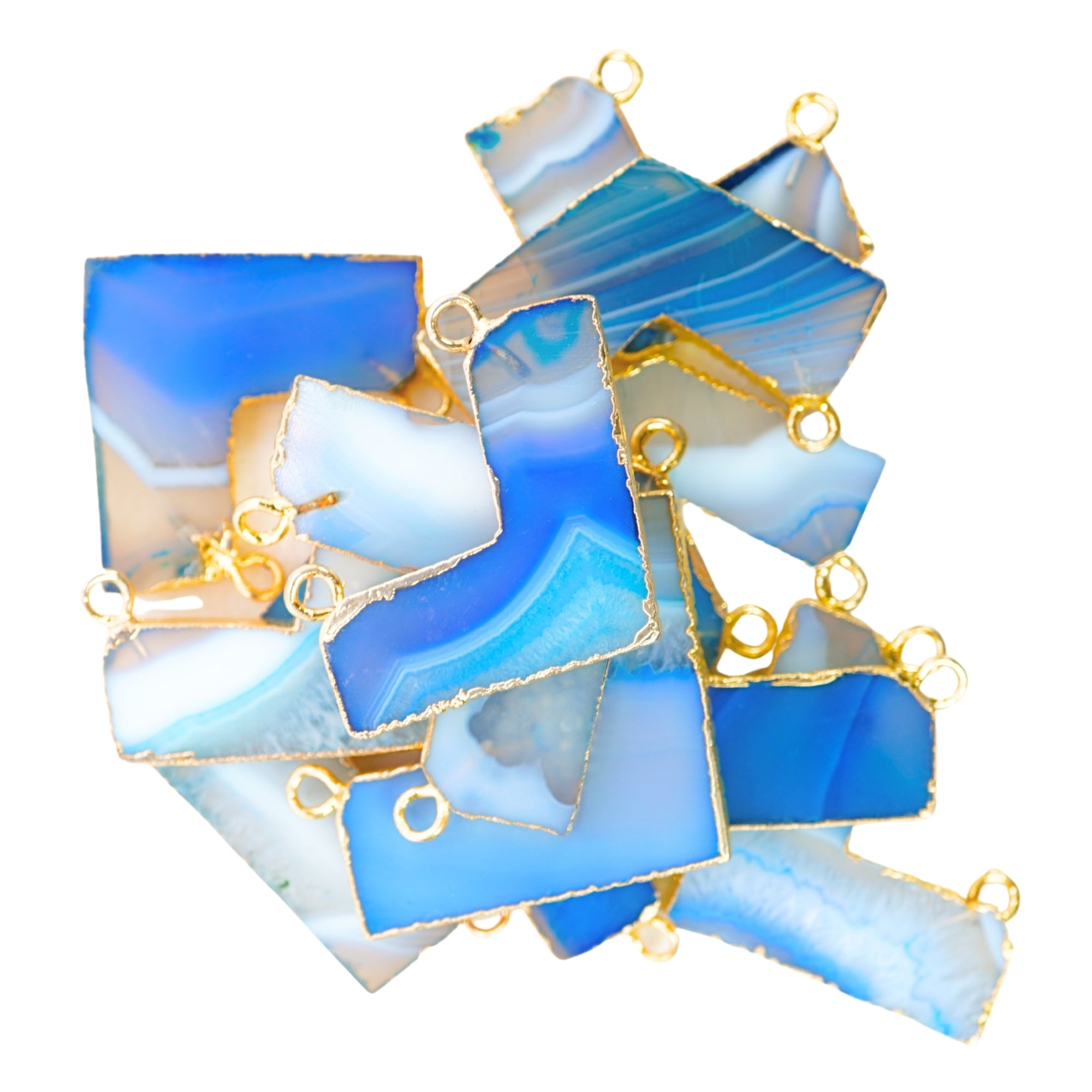 Blue Banded Agate Chevron Shape Gemstone Gold Electroplated Charm Pendant