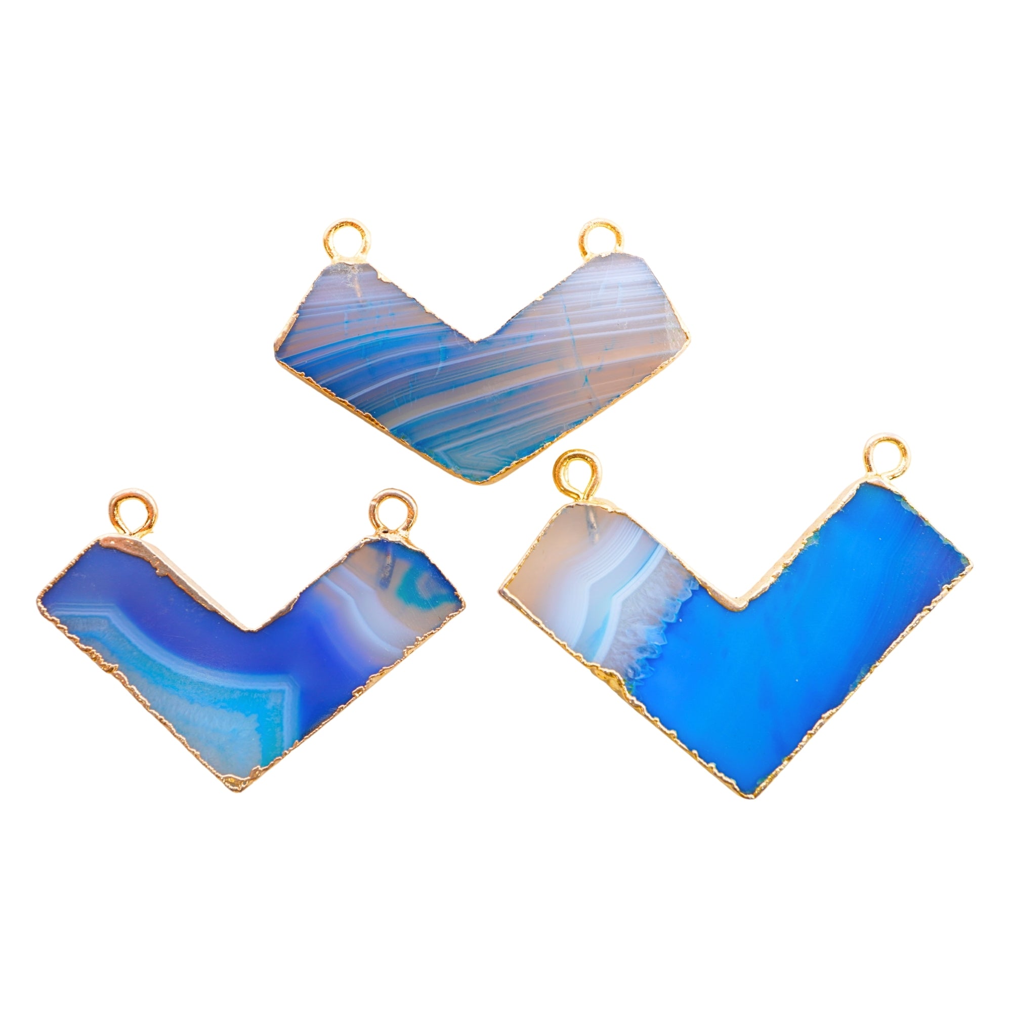 Blue Banded Agate Chevron Shape Gemstone Gold Electroplated Charm Pendant