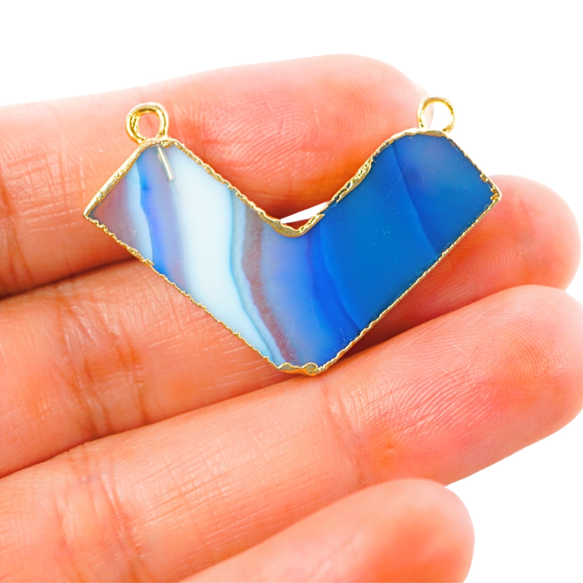 Blue Banded Agate Chevron Shape Gemstone Gold Electroplated Charm Pendant