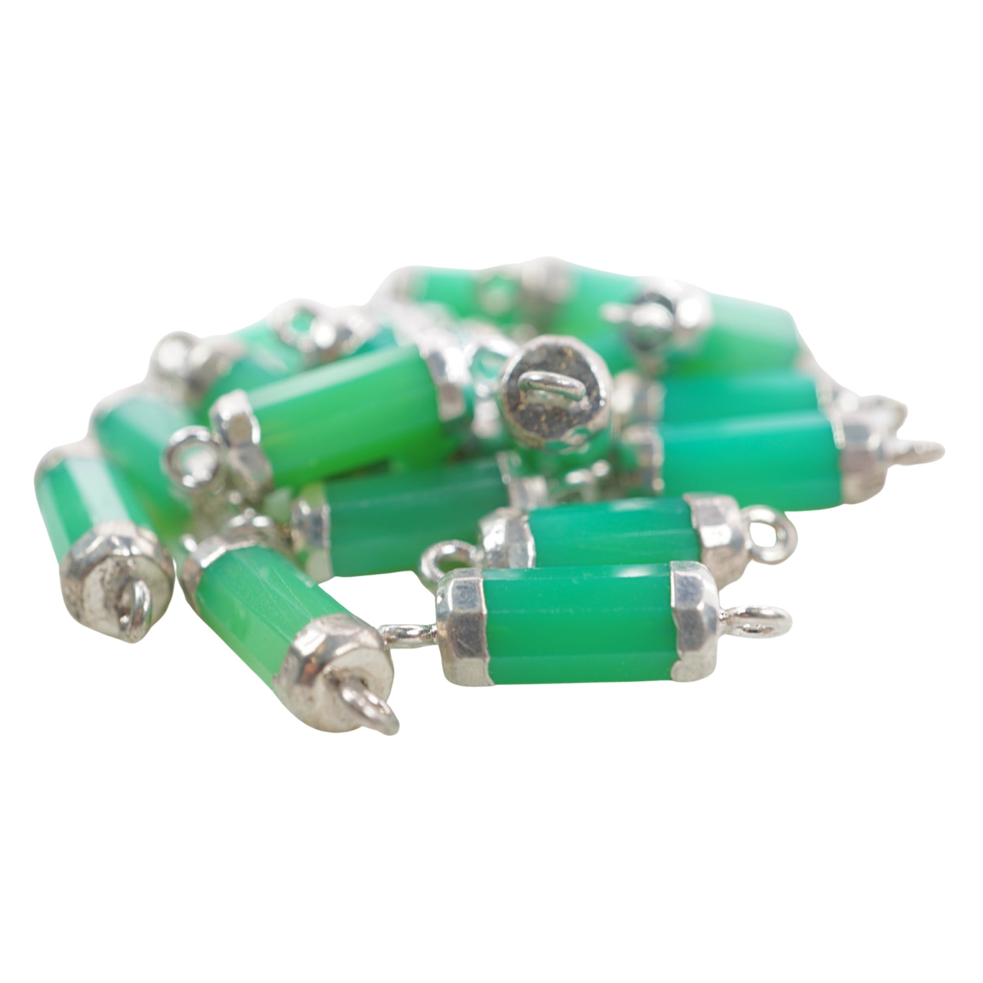 Chrysoprase Chalcedony Gemstone Barrel Shape Silver Electroplated Charm Connector