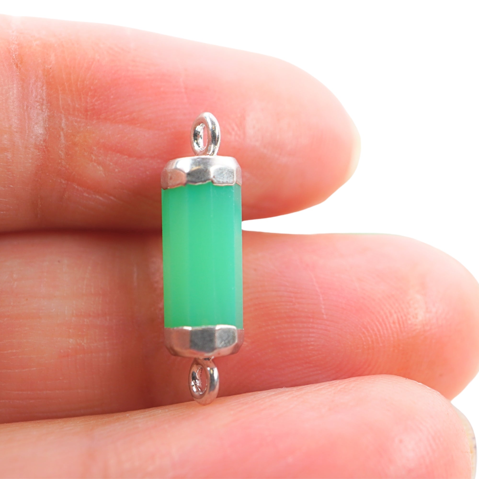 Chrysoprase Chalcedony Gemstone Barrel Shape Silver Electroplated Charm Connector